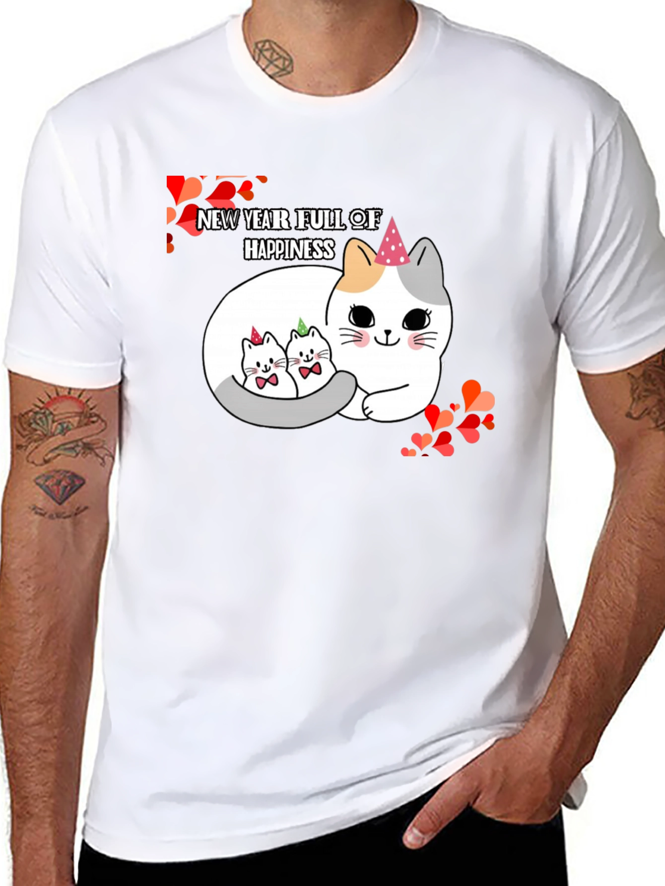 New Year Cats Black T-Shirt