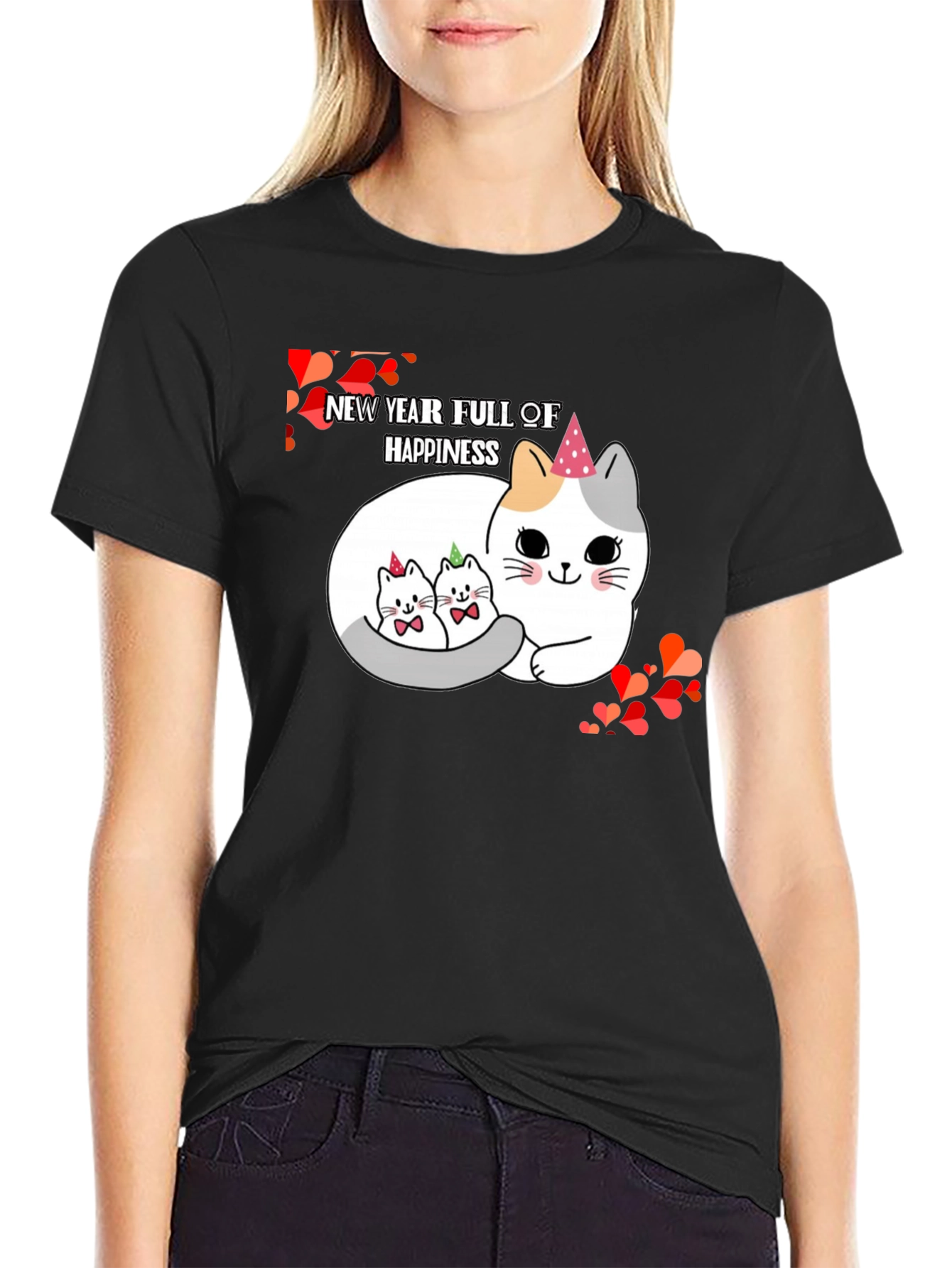 New Year Cats Black T-Shirt