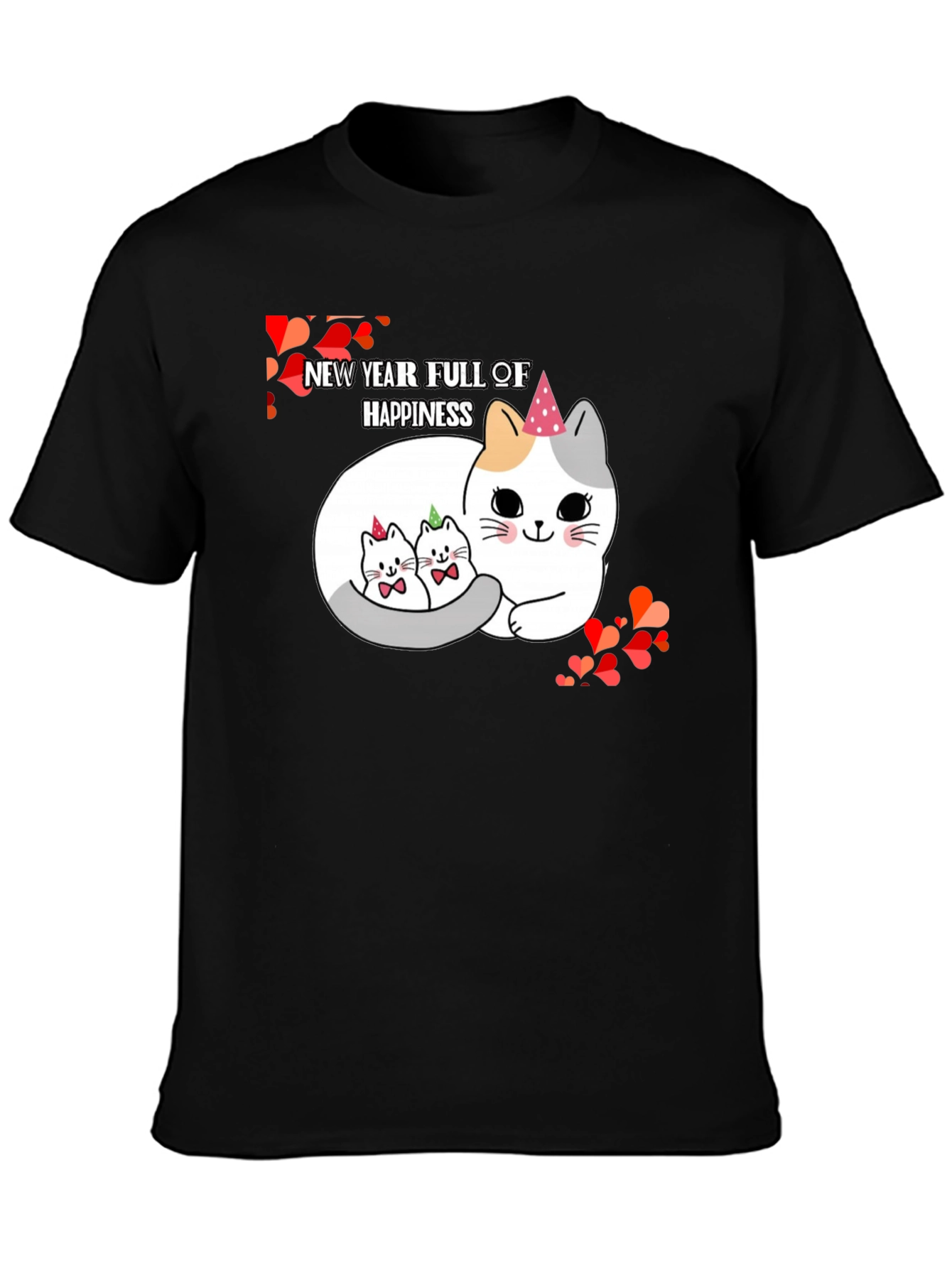 New Year Cats Black T-Shirt