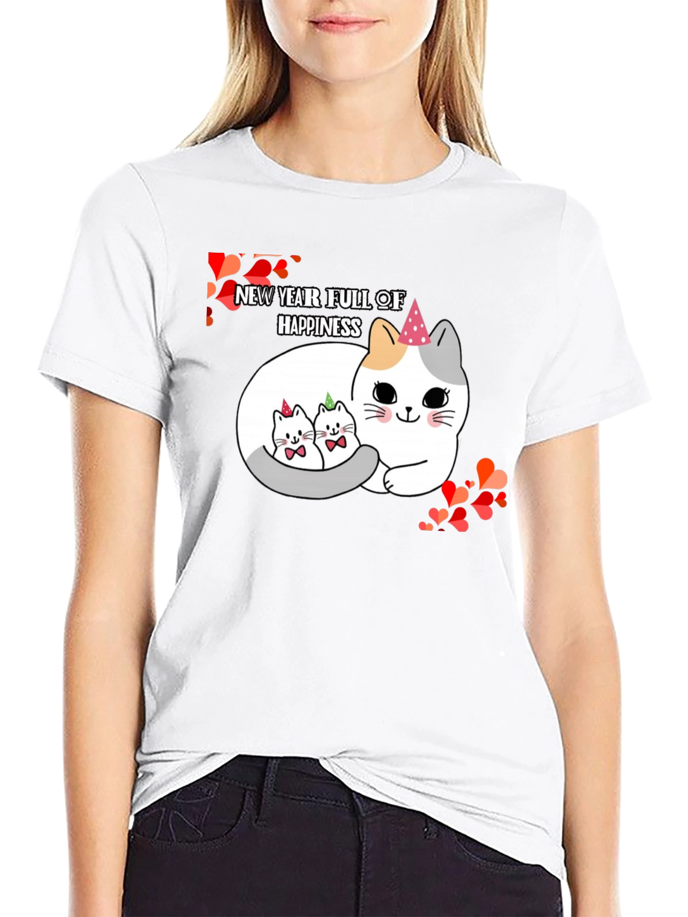 New Year Cats Black T-Shirt