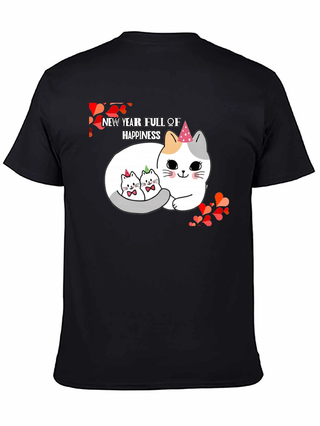 New Year Cats Black T-Shirt