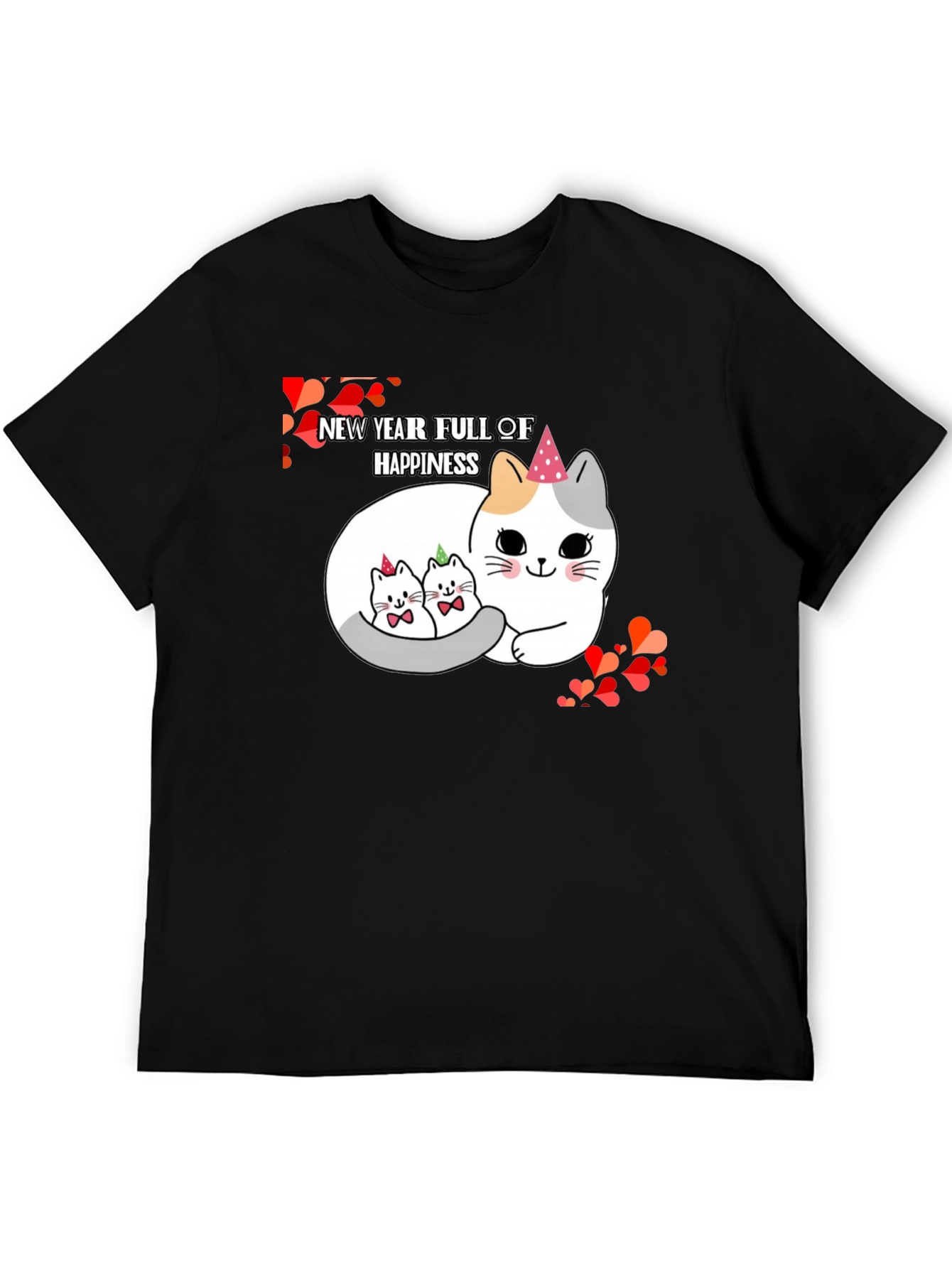 New Year Cats Black T-Shirt