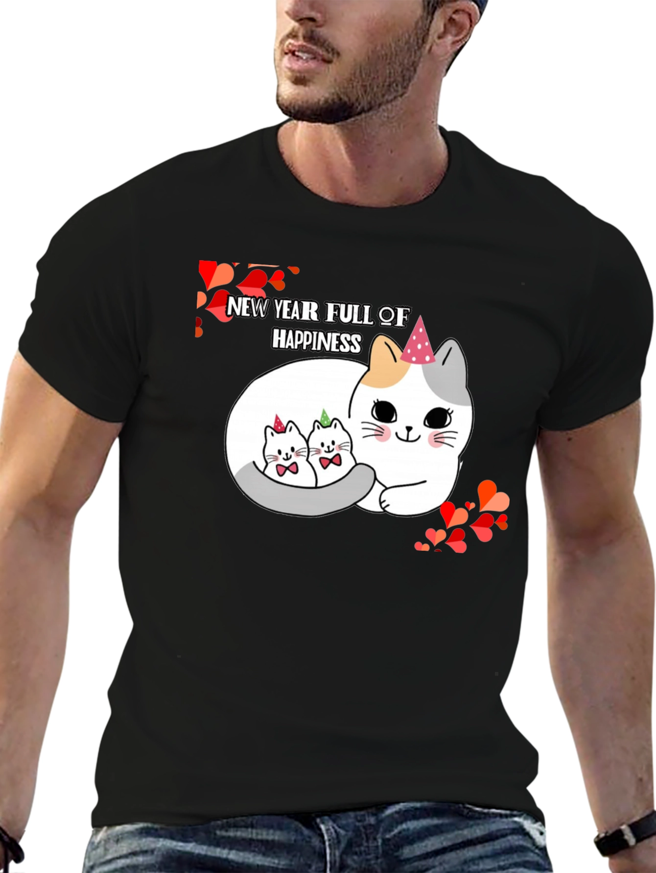 New Year Cats Black T-Shirt