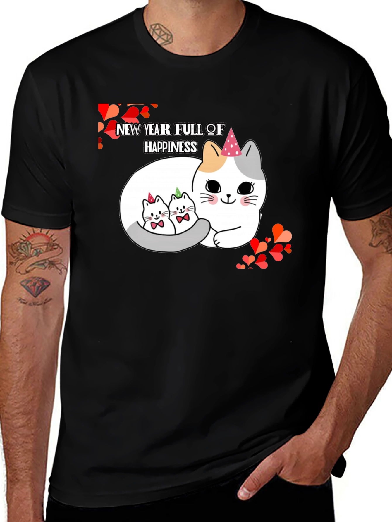 New Year Cats Black T-Shirt