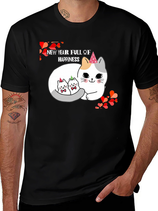 New Year Cats Black T-Shirt