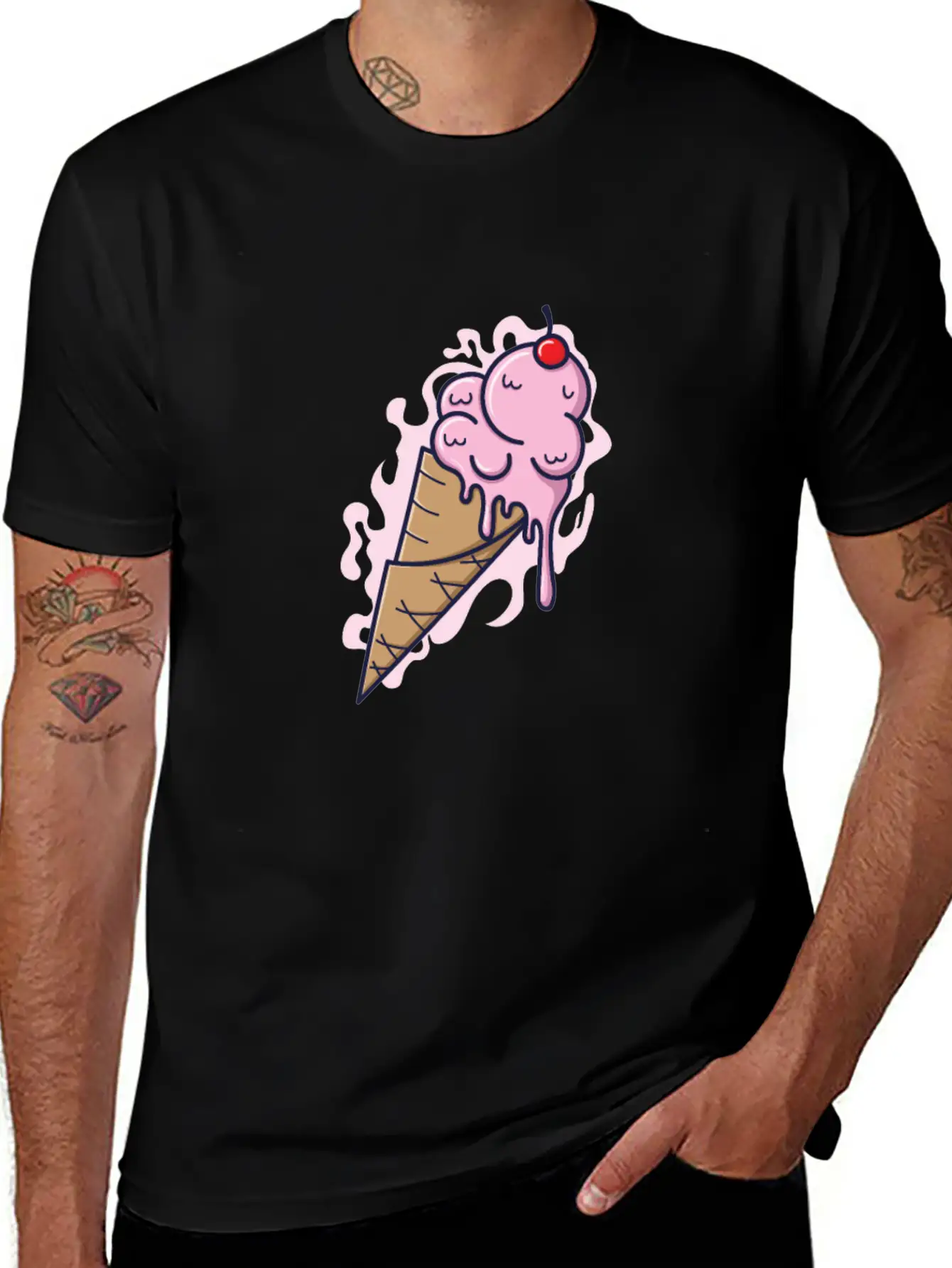 Ice Cream Cone With Fruity Ice Cream And Tables Stylish Everyday T-Shirt – Unisex Basic Cotton Tee