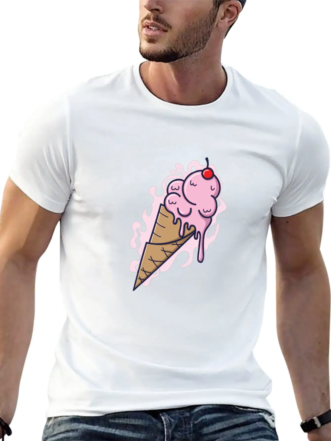 Ice Cream Cone With Fruity Ice Cream And Tables Stylish Everyday T-Shirt – Unisex Basic Cotton Tee