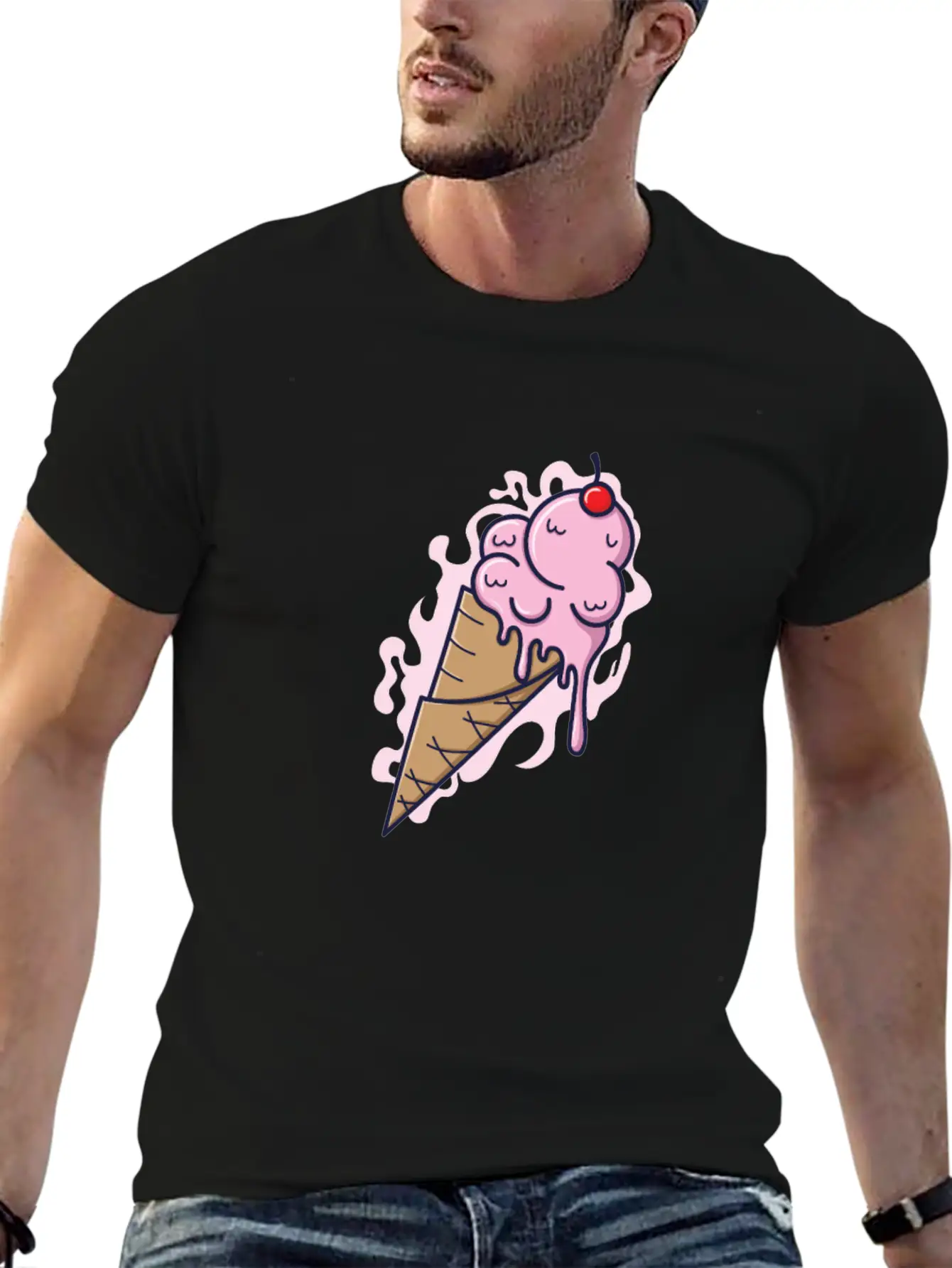 Ice Cream Cone With Fruity Ice Cream And Tables Stylish Everyday T-Shirt – Unisex Basic Cotton Tee