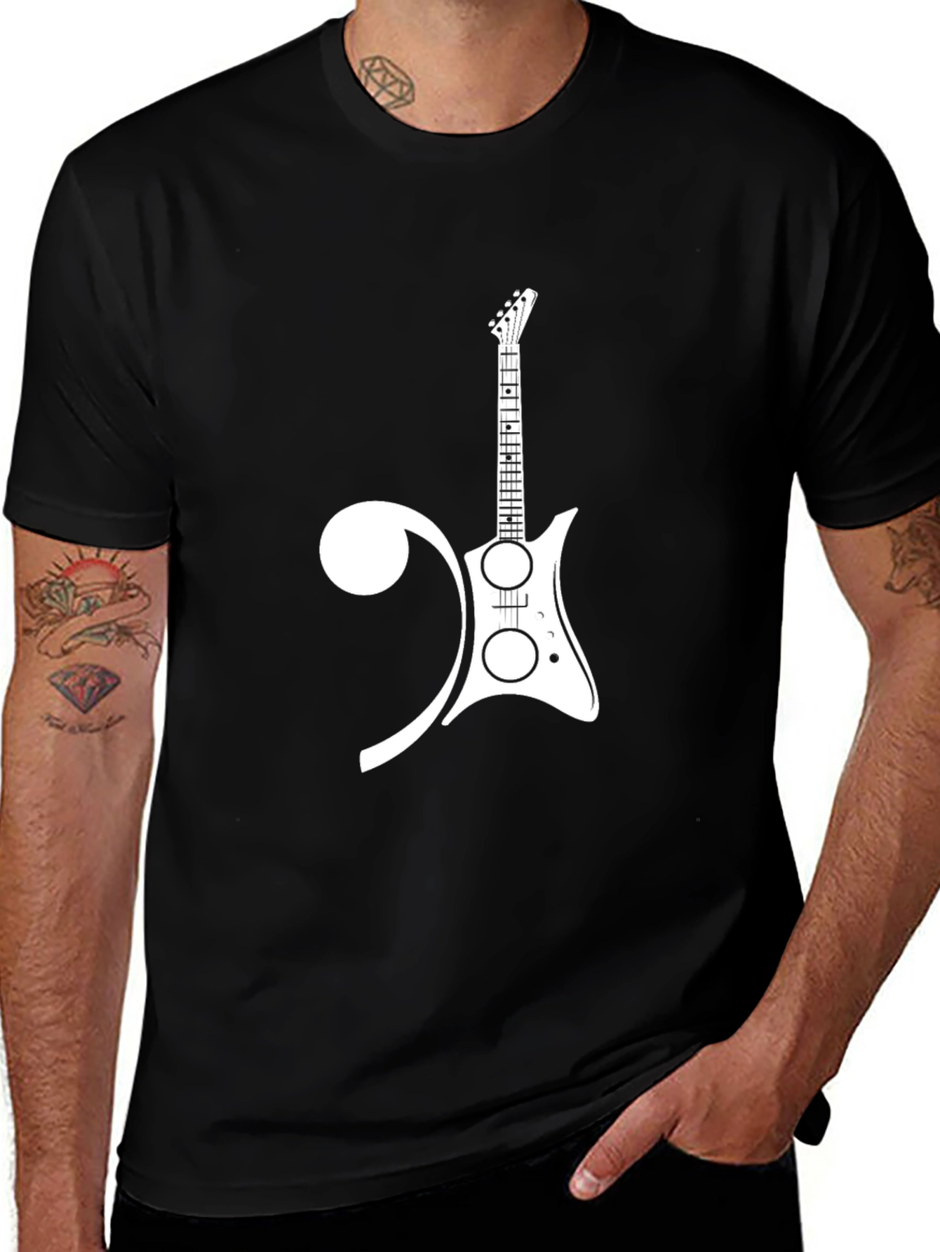 Guitar and Treble Clef Black T-Shirt