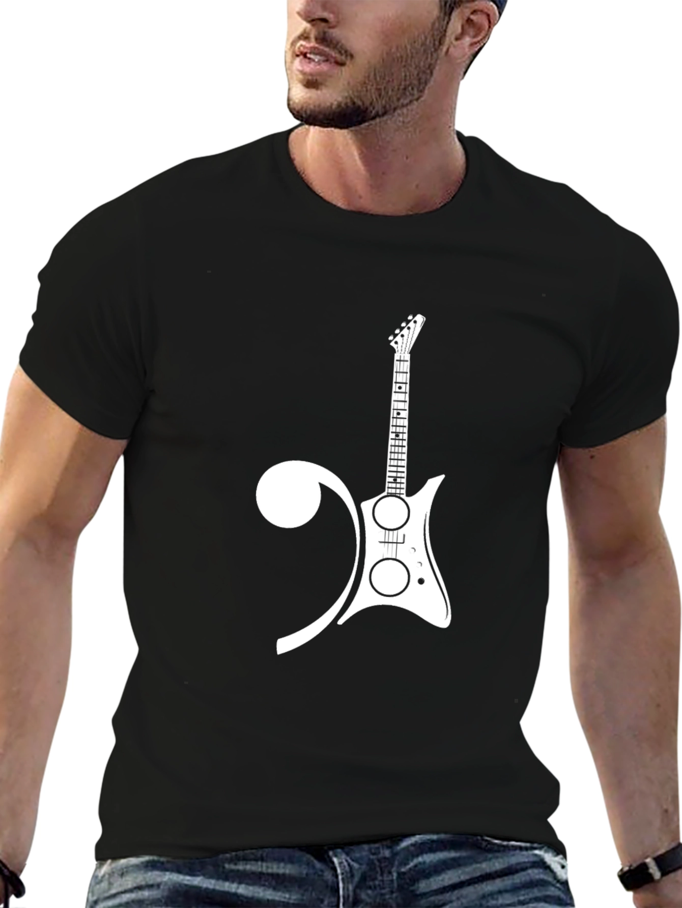Guitar and Treble Clef Black T-Shirt