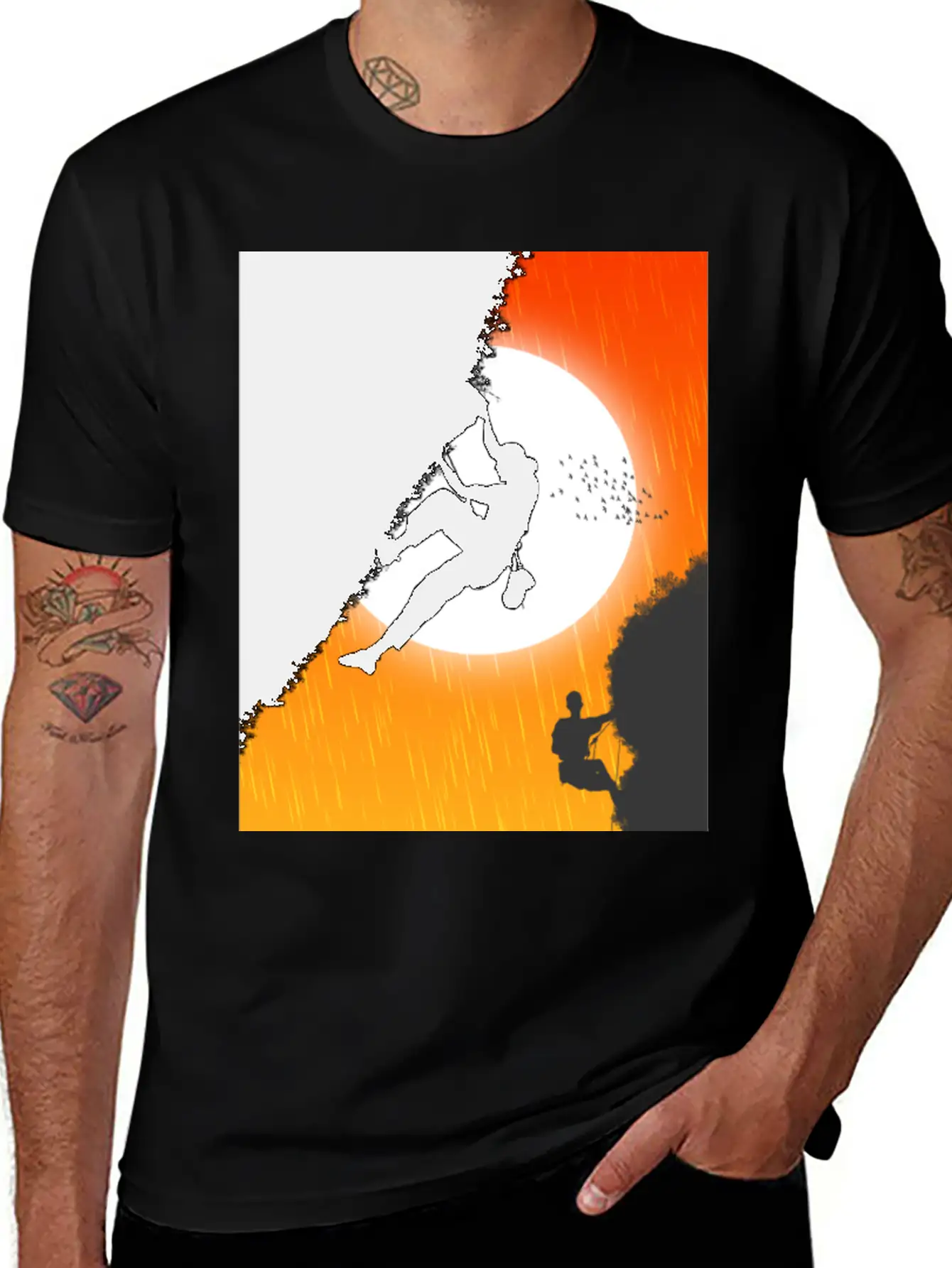 Illustration Sunset Mountain Climbing Poster. Essential Unisex Summer Tee – Soft Cotton Casual Fit