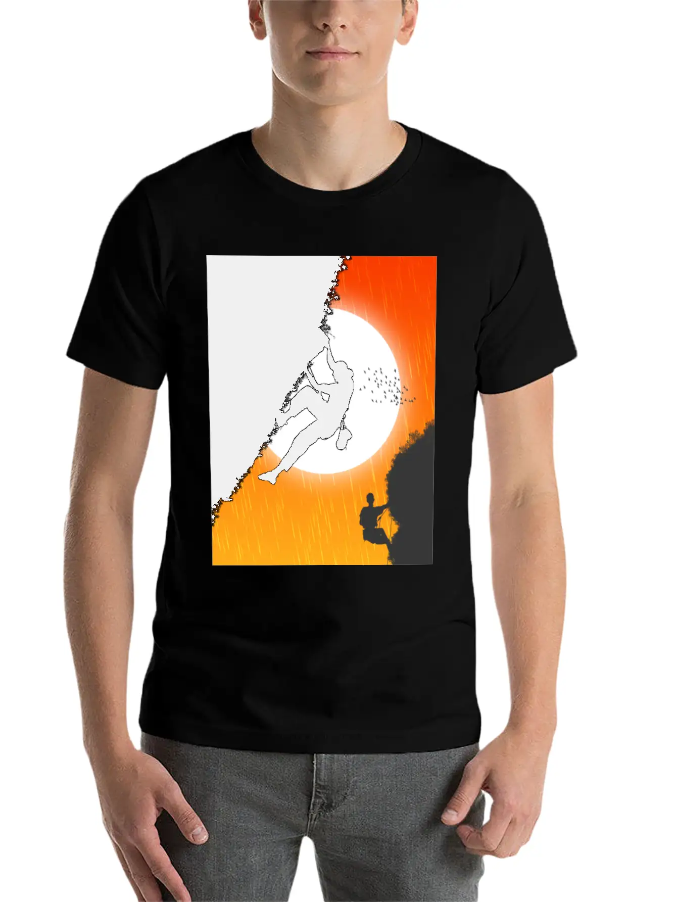 Illustration Sunset Mountain Climbing Poster. Essential Unisex Summer Tee – Soft Cotton Casual Fit