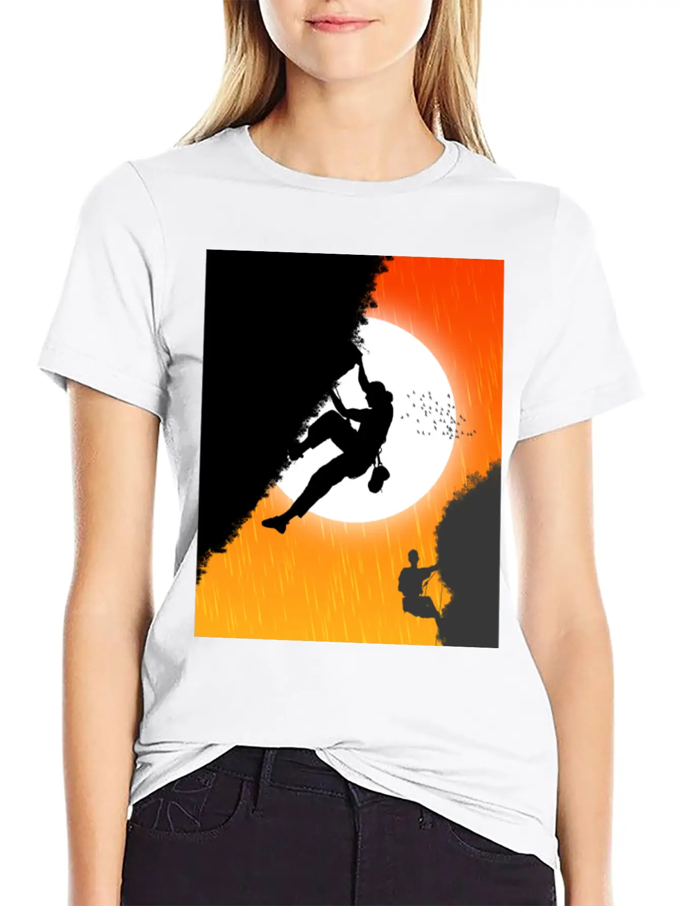 Illustration Sunset Mountain Climbing Poster. Essential Unisex Summer Tee – Soft Cotton Casual Fit