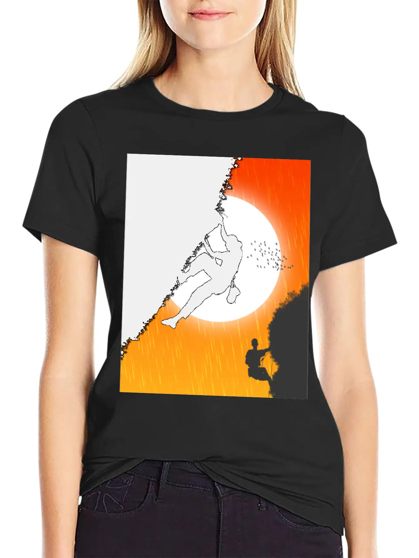 Illustration Sunset Mountain Climbing Poster. Essential Unisex Summer Tee – Soft Cotton Casual Fit