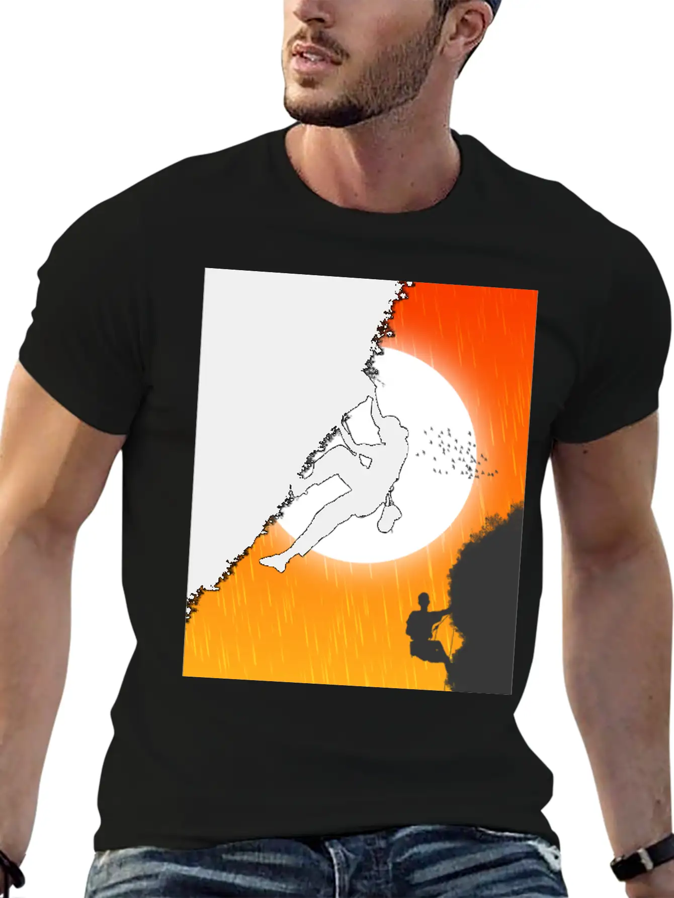 Illustration Sunset Mountain Climbing Poster. Essential Unisex Summer Tee – Soft Cotton Casual Fit