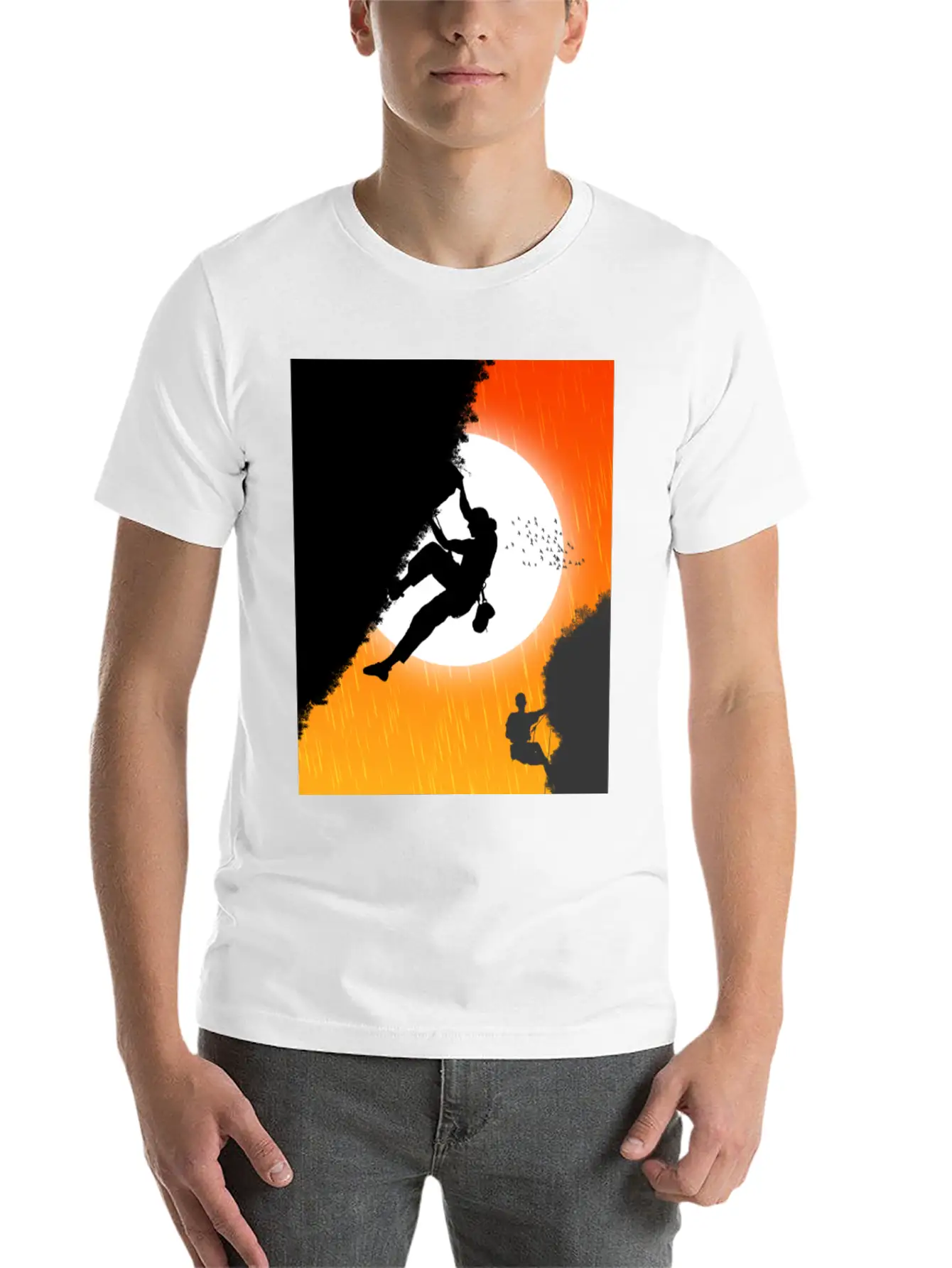 Illustration Sunset Mountain Climbing Poster. Essential Unisex Summer Tee – Soft Cotton Casual Fit