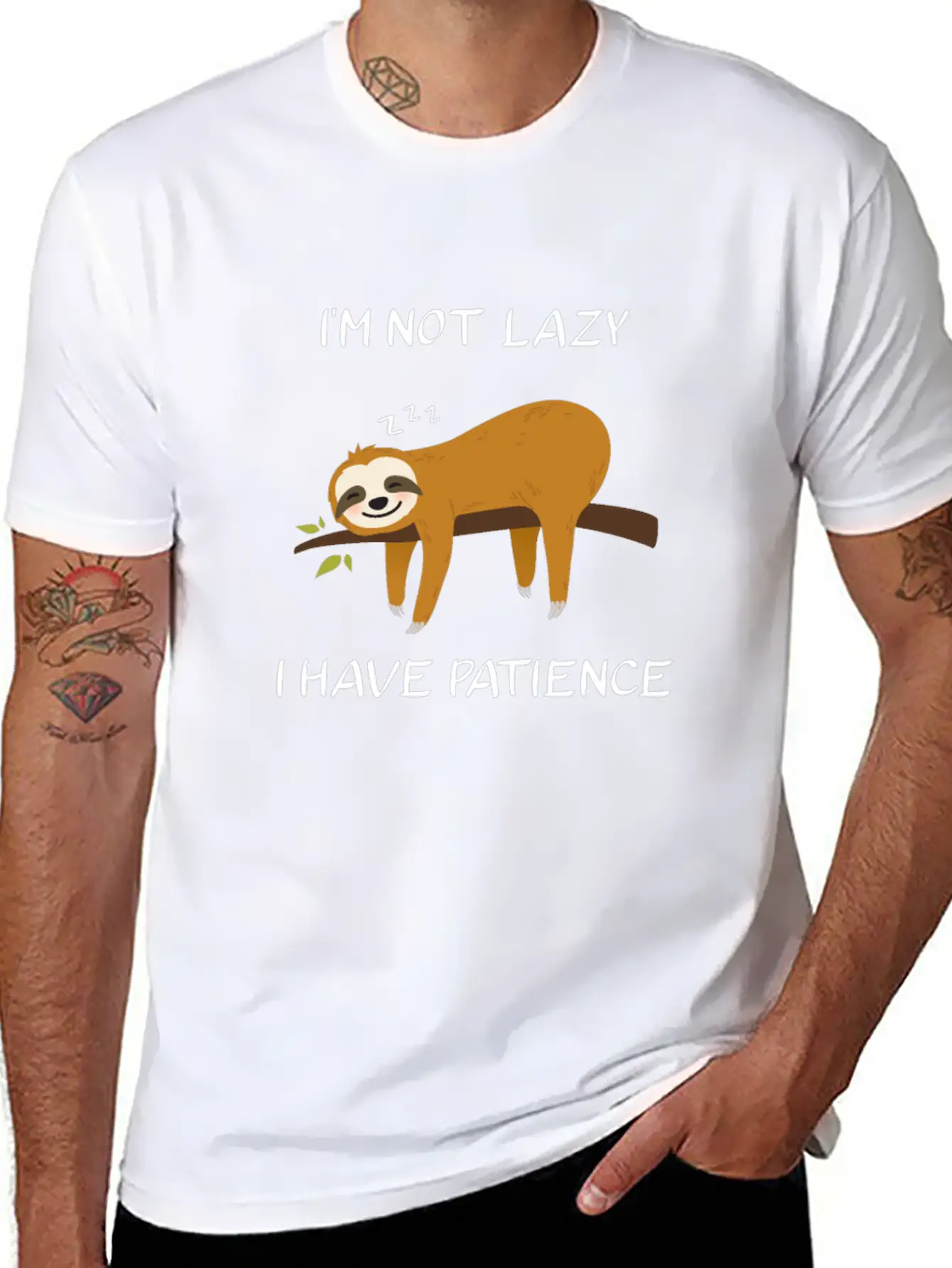 I'm Not Lazy I Have Patience Sloth Funny Saying Unisex Short Sleeve Soft Cotton T-Shirt – Casual Everyday Wear