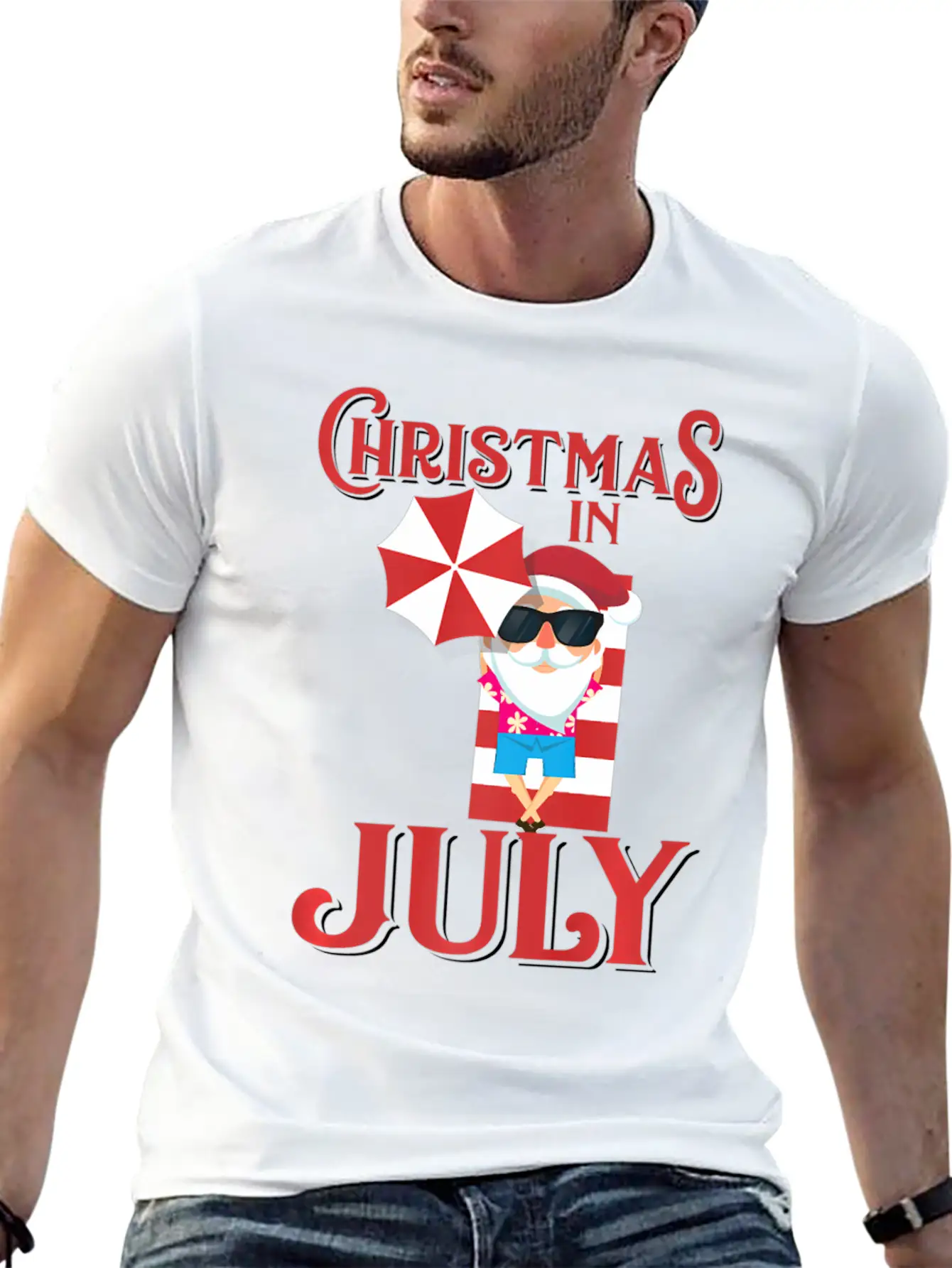 In July Beach Santa Claus Unisex Short Sleeve Soft Cotton T-Shirt – Casual Everyday Wear