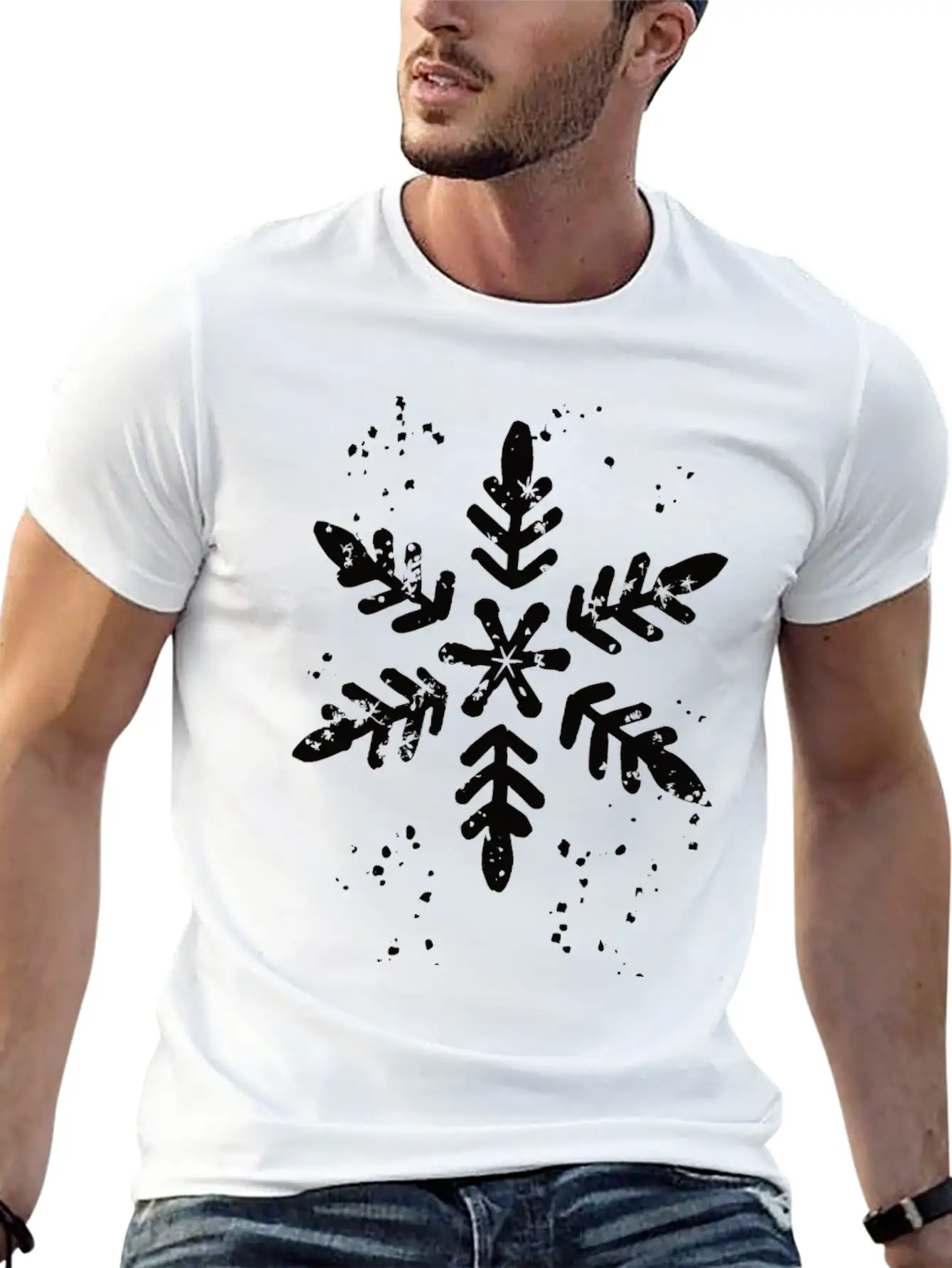 Ink Stamp Style Snowflake Unisex Short Sleeve Soft Cotton T-Shirt – Casual Everyday Wear