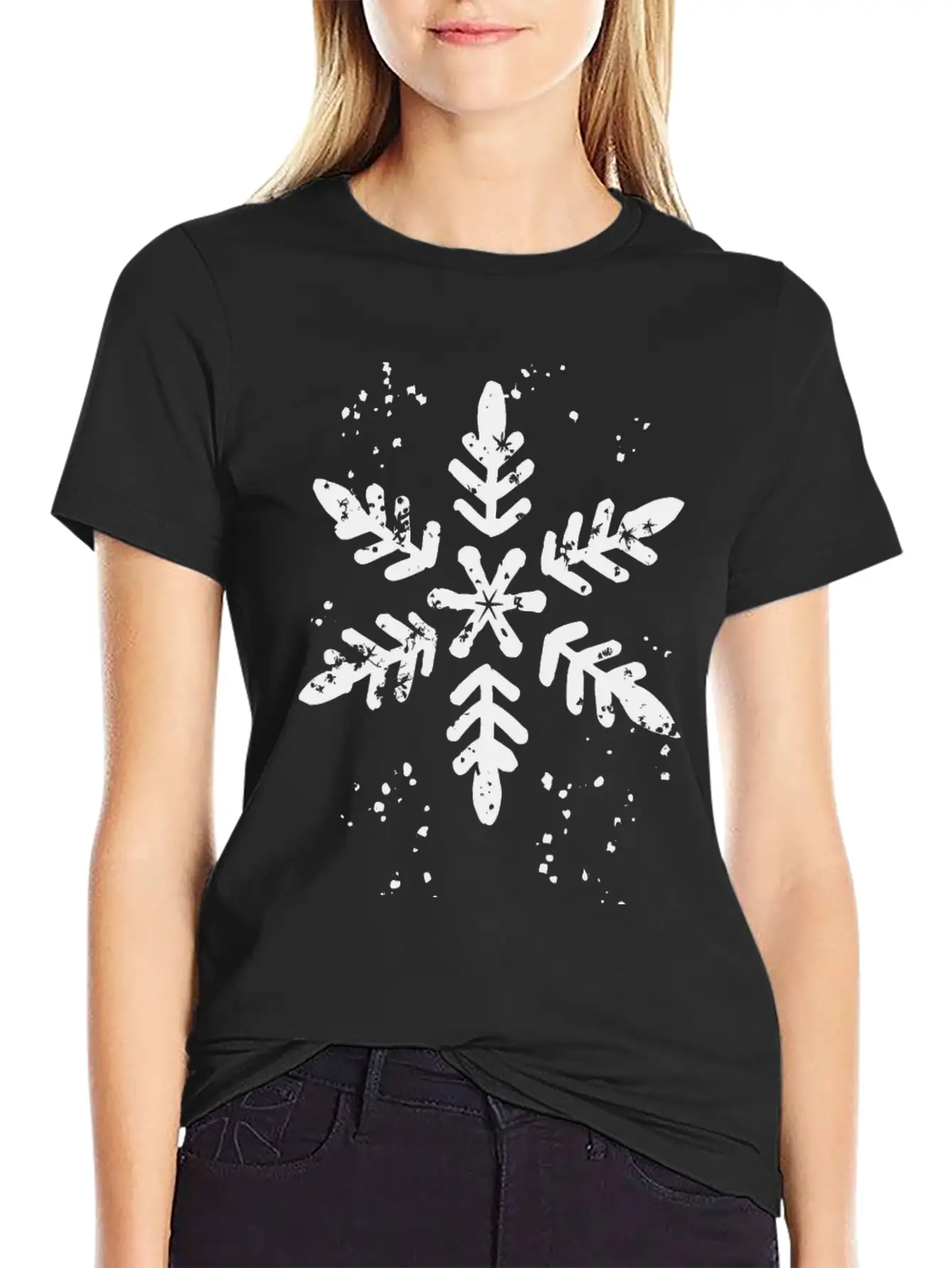 Ink Stamp Style Snowflake Unisex Short Sleeve Soft Cotton T-Shirt – Casual Everyday Wear