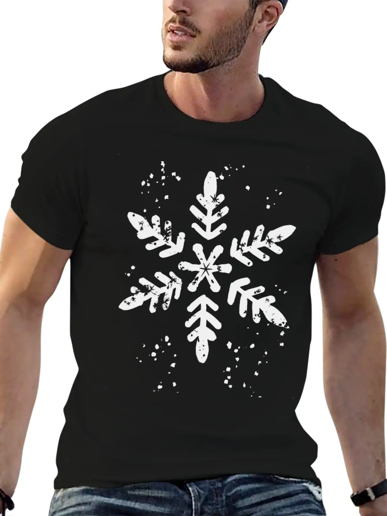 Ink Stamp Style Snowflake Unisex Short Sleeve Soft Cotton T-Shirt – Casual Everyday Wear