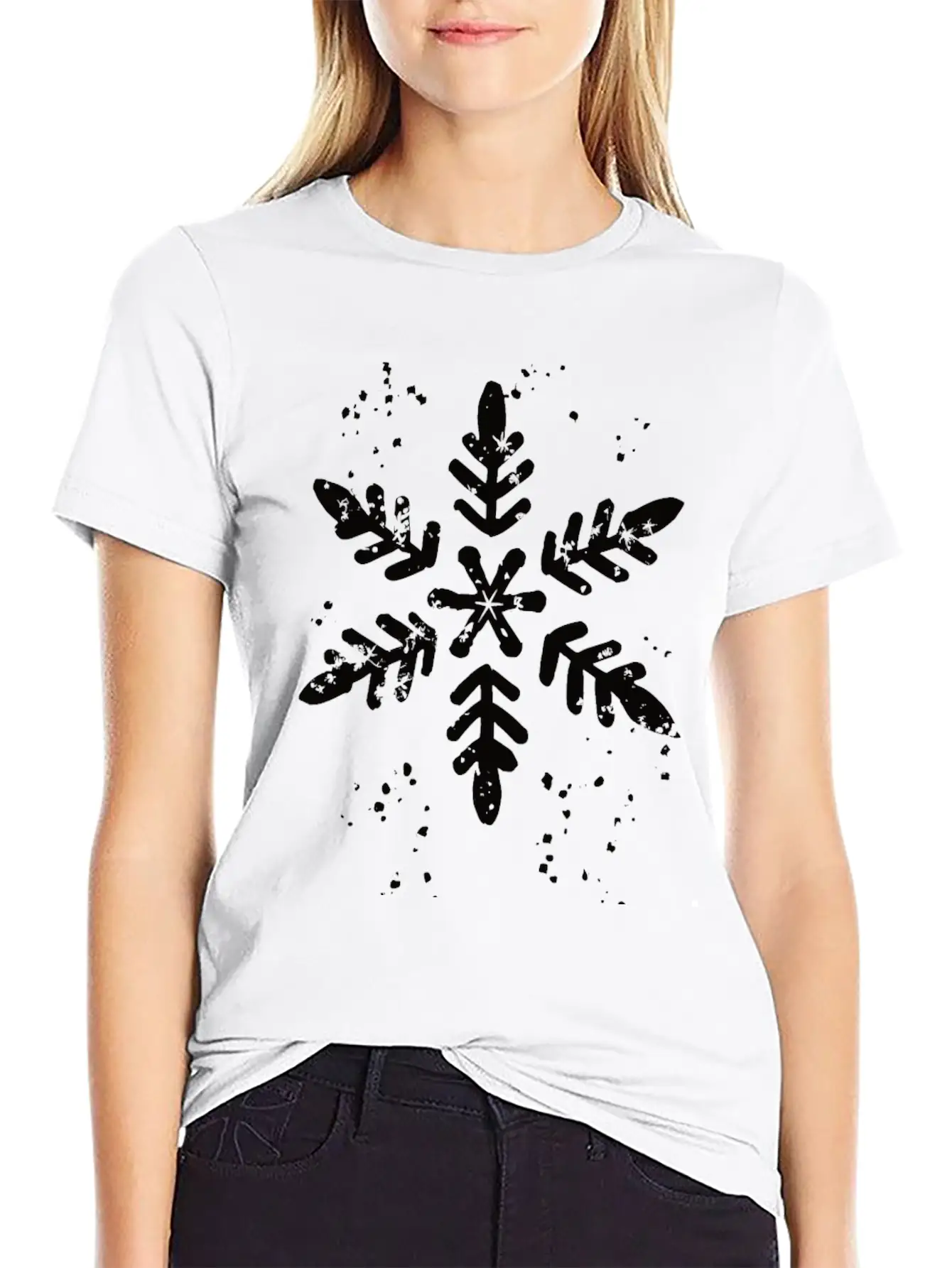 Ink Stamp Style Snowflake Unisex Short Sleeve Soft Cotton T-Shirt – Casual Everyday Wear