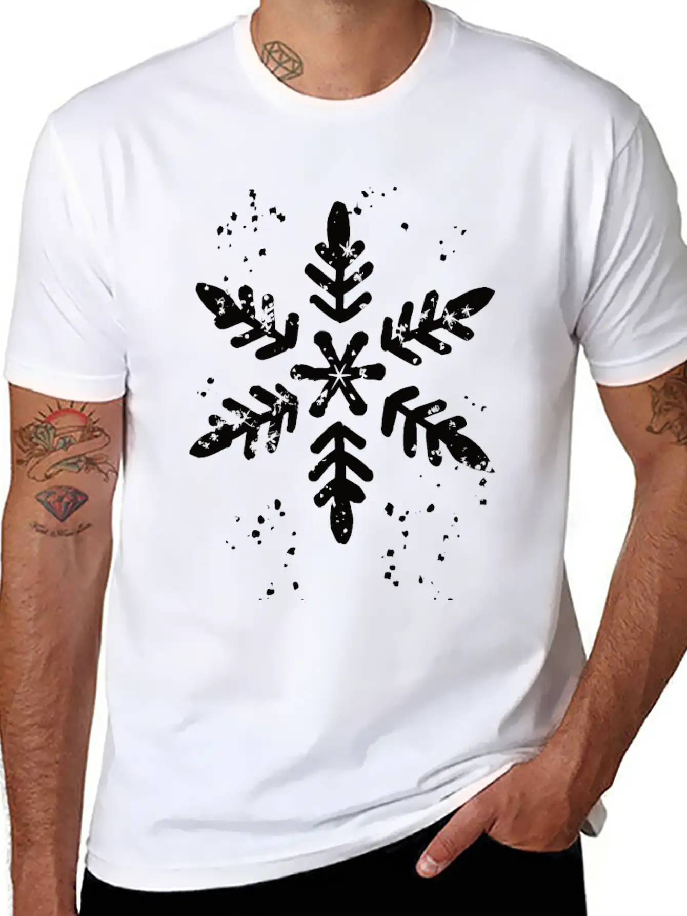 Ink Stamp Style Snowflake Unisex Short Sleeve Soft Cotton T-Shirt – Casual Everyday Wear