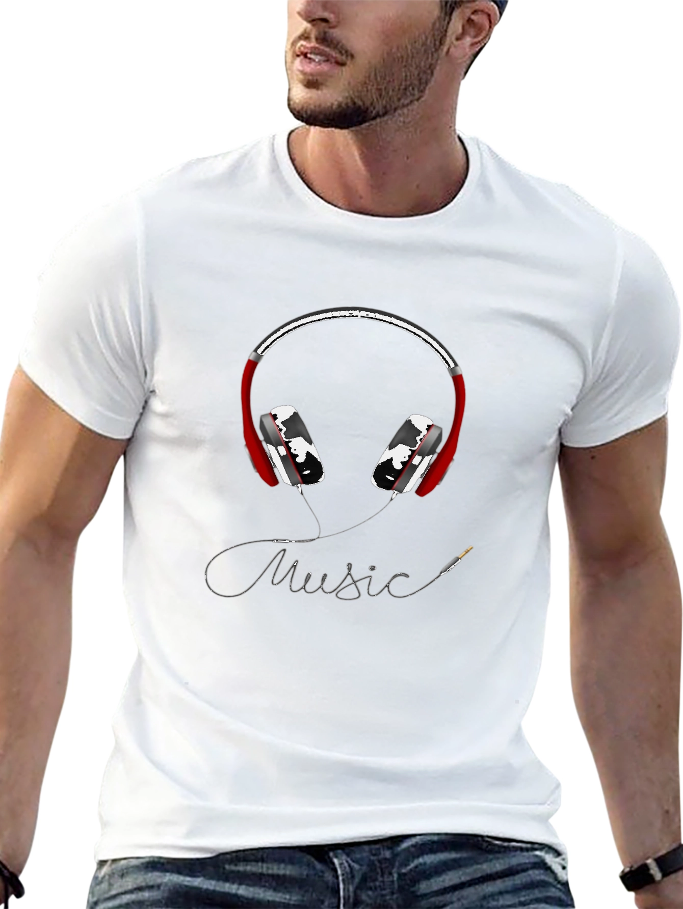 Music Lovers Graphic Tee - Red Headphones Design