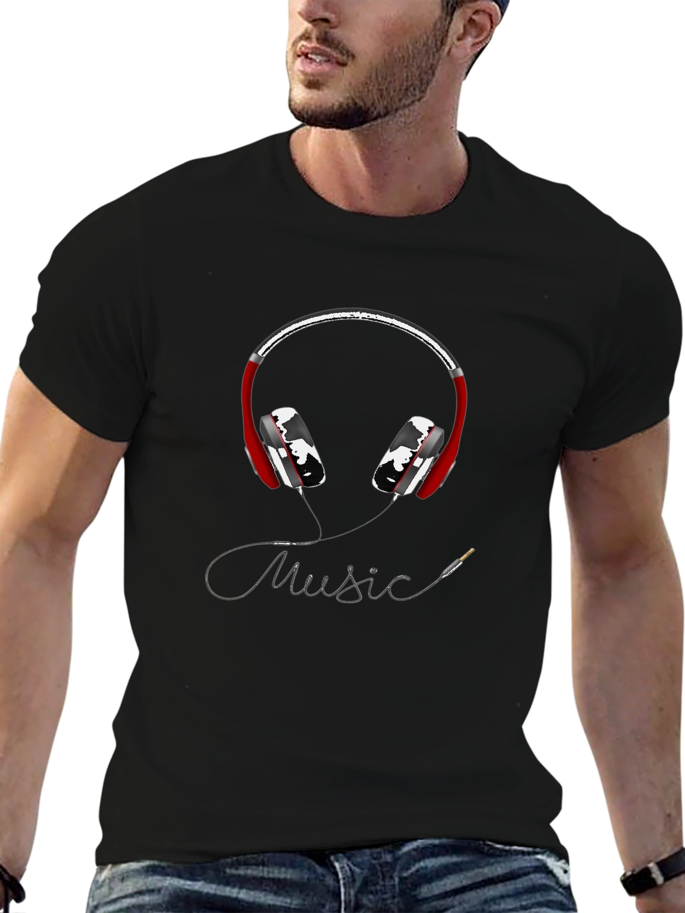 Music Lovers Graphic Tee - Red Headphones Design