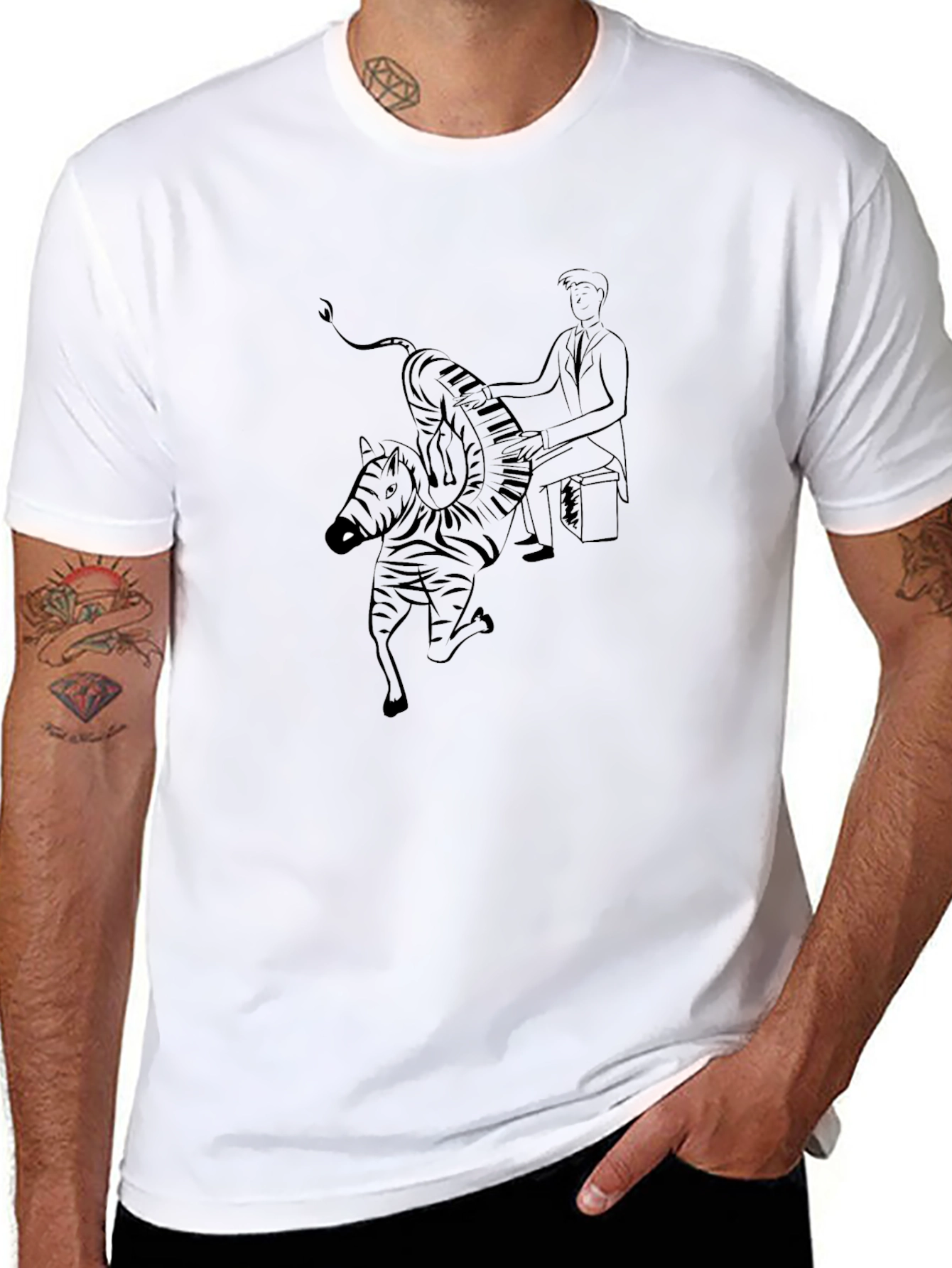 Zebra Pianist Graphic Tee - Unique Black T-Shirt