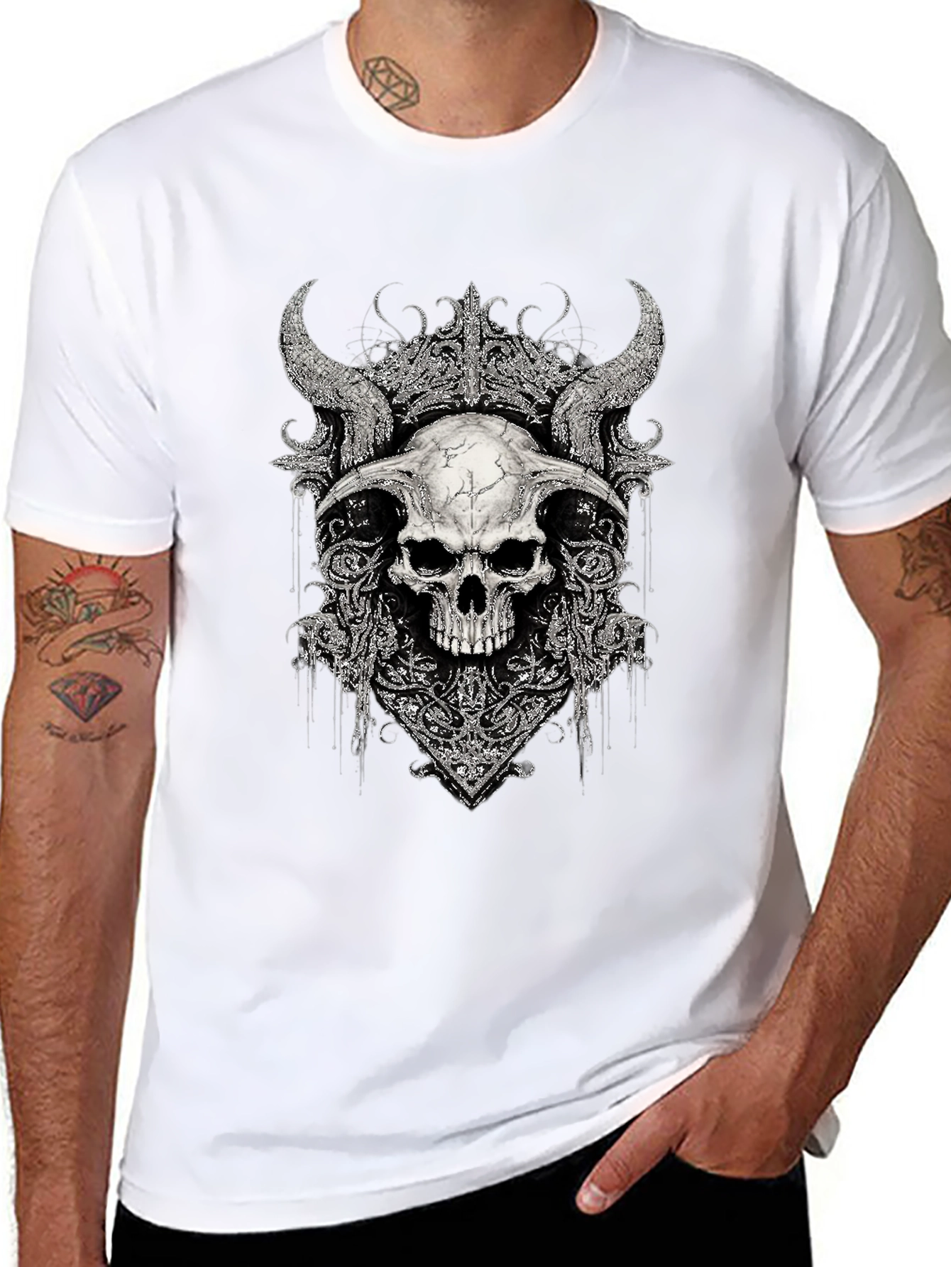 Black Skull Horns Graphic Print T-Shirt