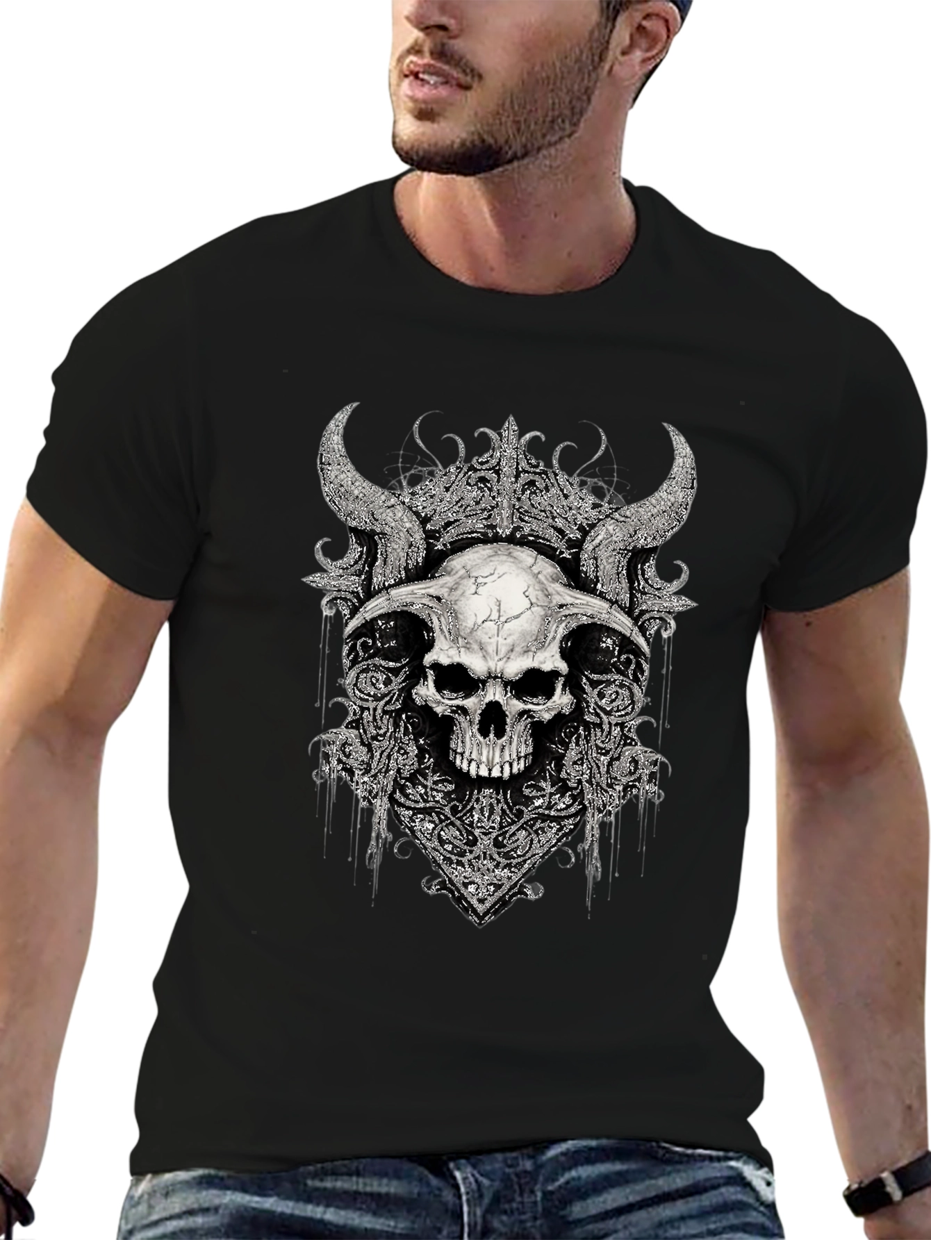 Black Skull Horns Graphic Print T-Shirt