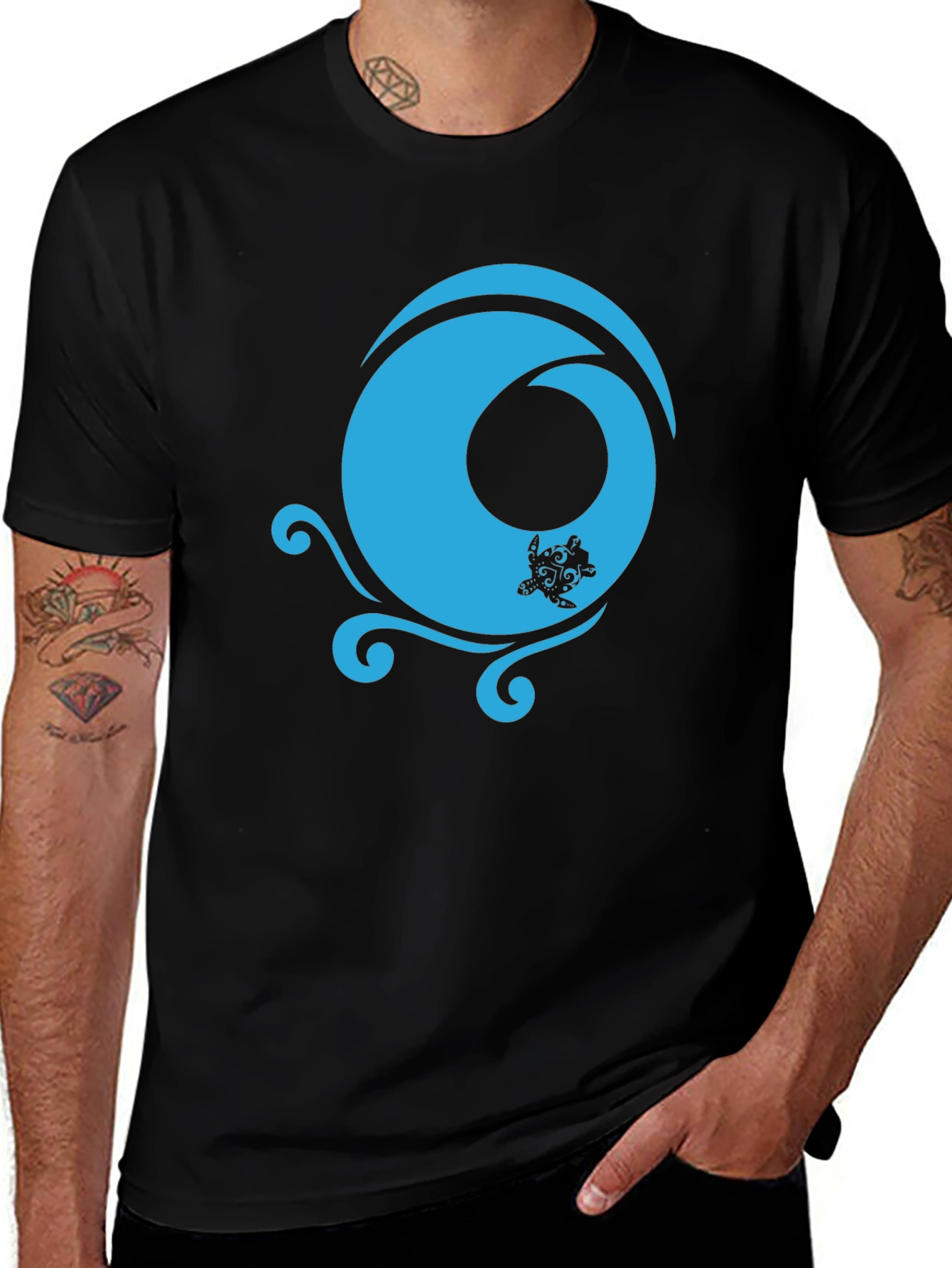 Black T-Shirt with Turquoise Turtle Wave Design
