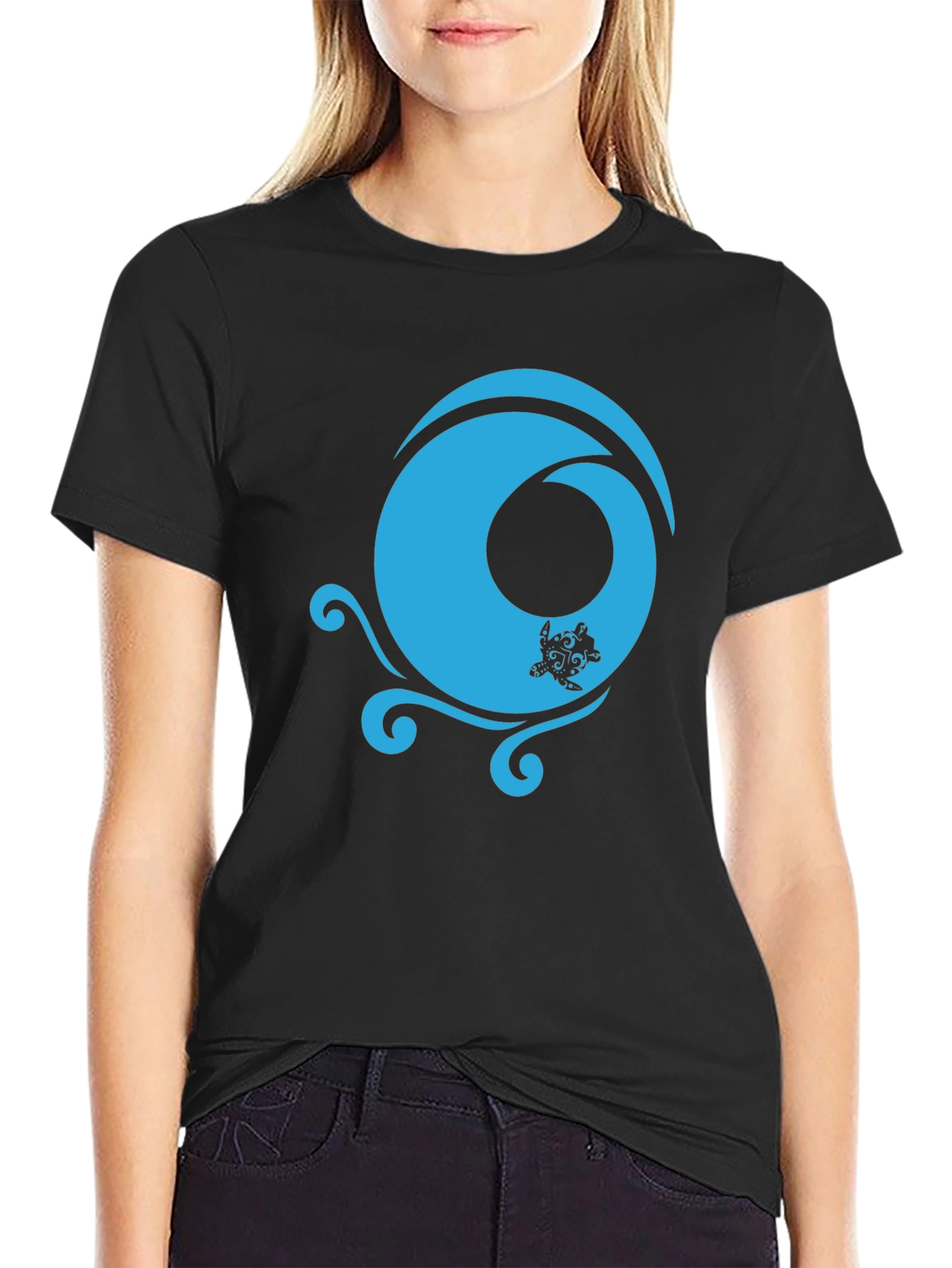 Black T-Shirt with Turquoise Turtle Wave Design
