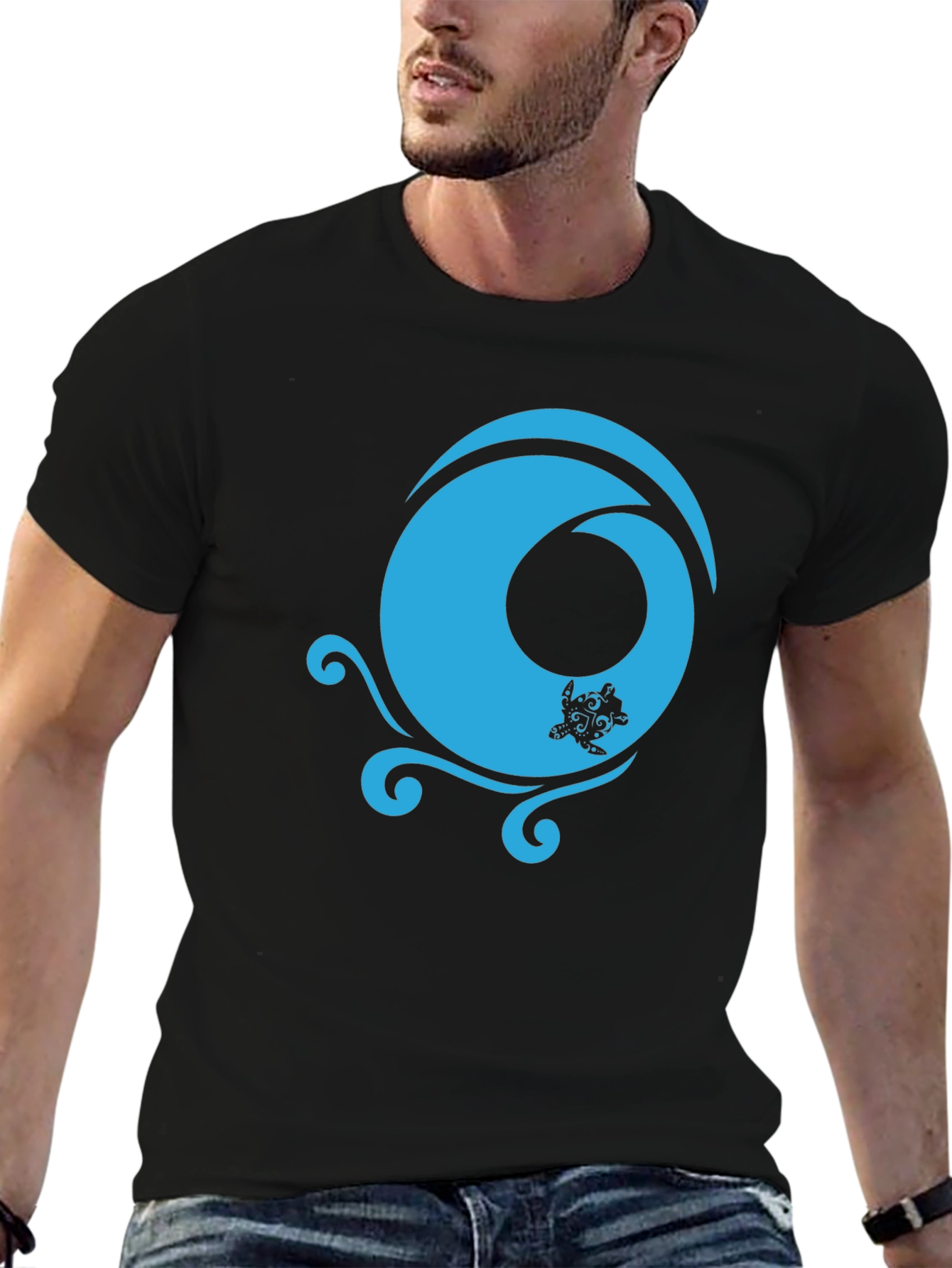 Black T-Shirt with Turquoise Turtle Wave Design