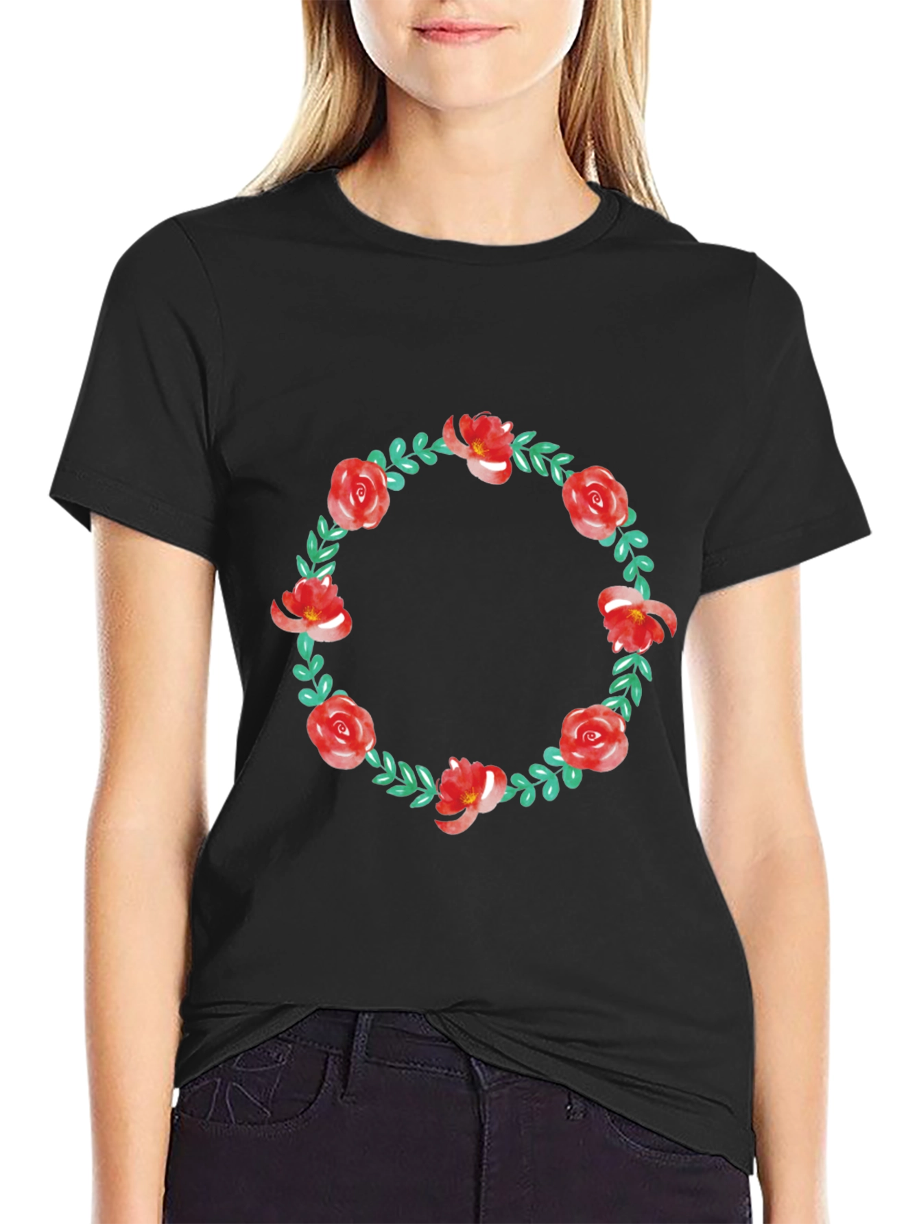Floral Wreath Graphic Tee - Casual Style