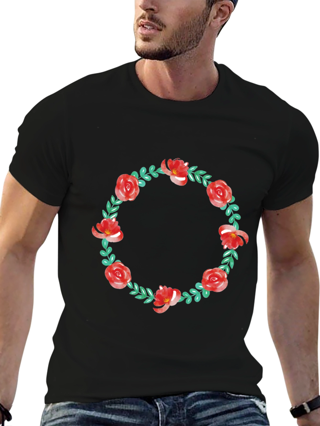 Floral Wreath Graphic Tee - Casual Style