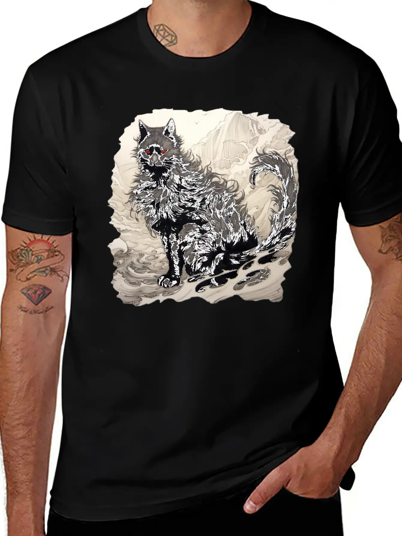 Japanese Ink Art Cat Basic Graphic T-Shirt – Daily Comfort In Soft Cotton