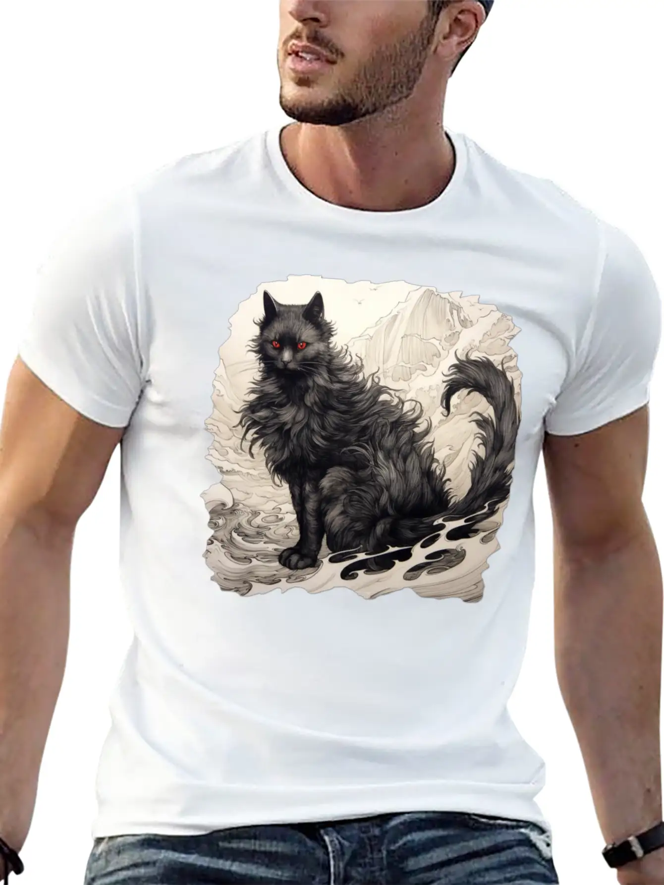 Japanese Ink Art Cat Basic Graphic T-Shirt – Daily Comfort In Soft Cotton