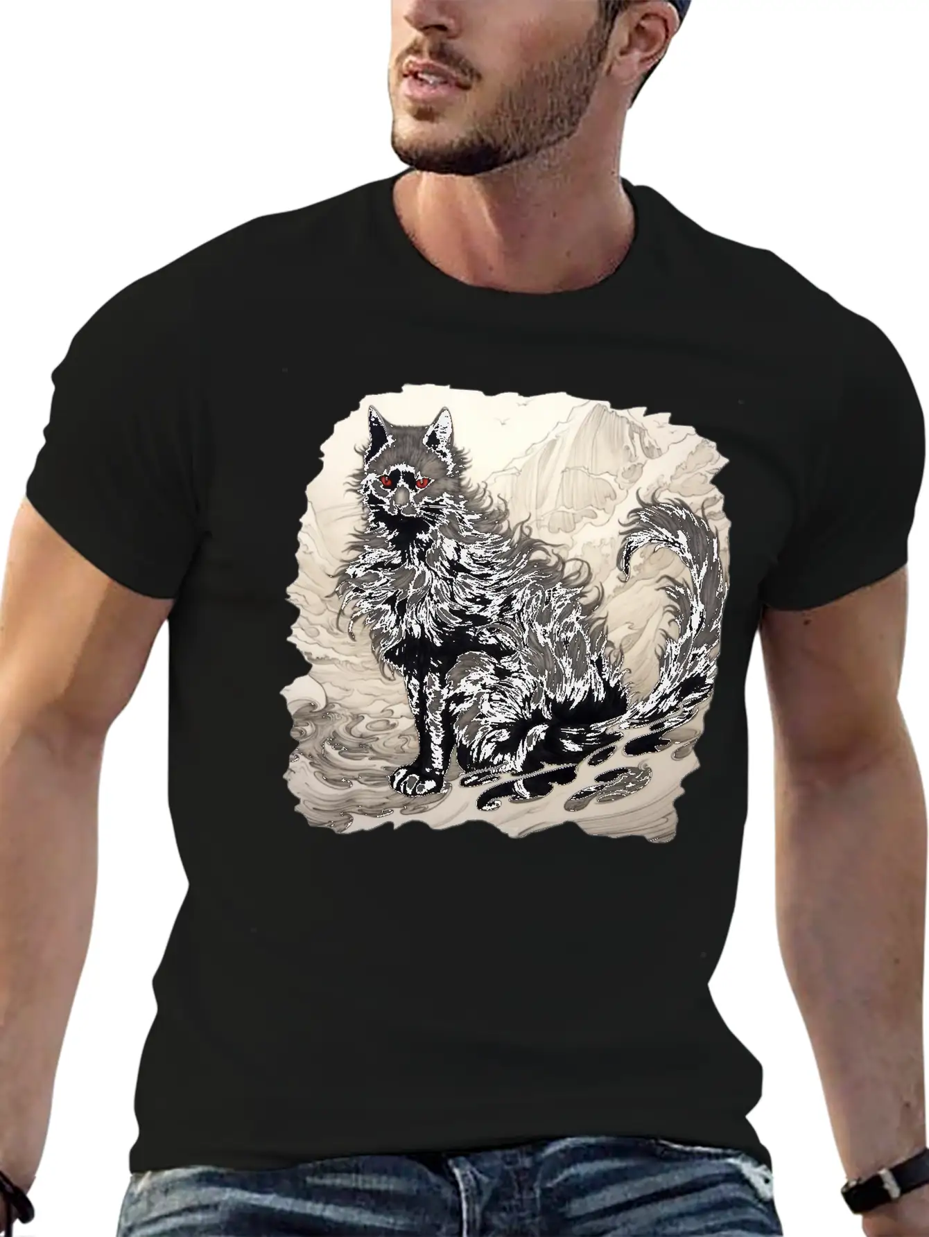 Japanese Ink Art Cat Basic Graphic T-Shirt – Daily Comfort In Soft Cotton