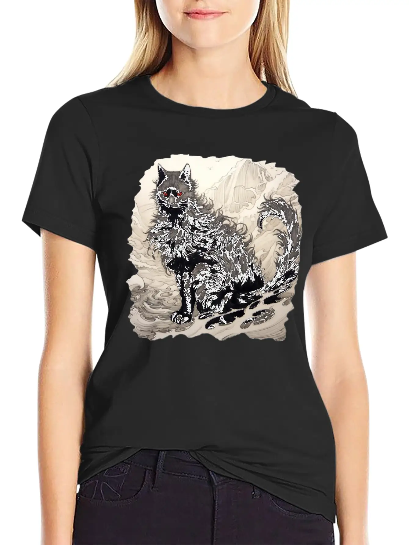 Japanese Ink Art Cat Basic Graphic T-Shirt – Daily Comfort In Soft Cotton