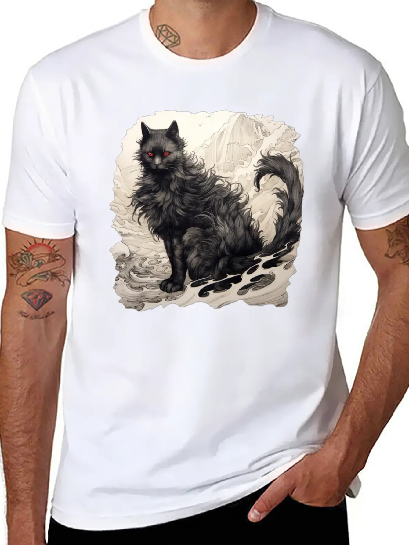 Japanese Ink Art Cat Basic Graphic T-Shirt – Daily Comfort In Soft Cotton