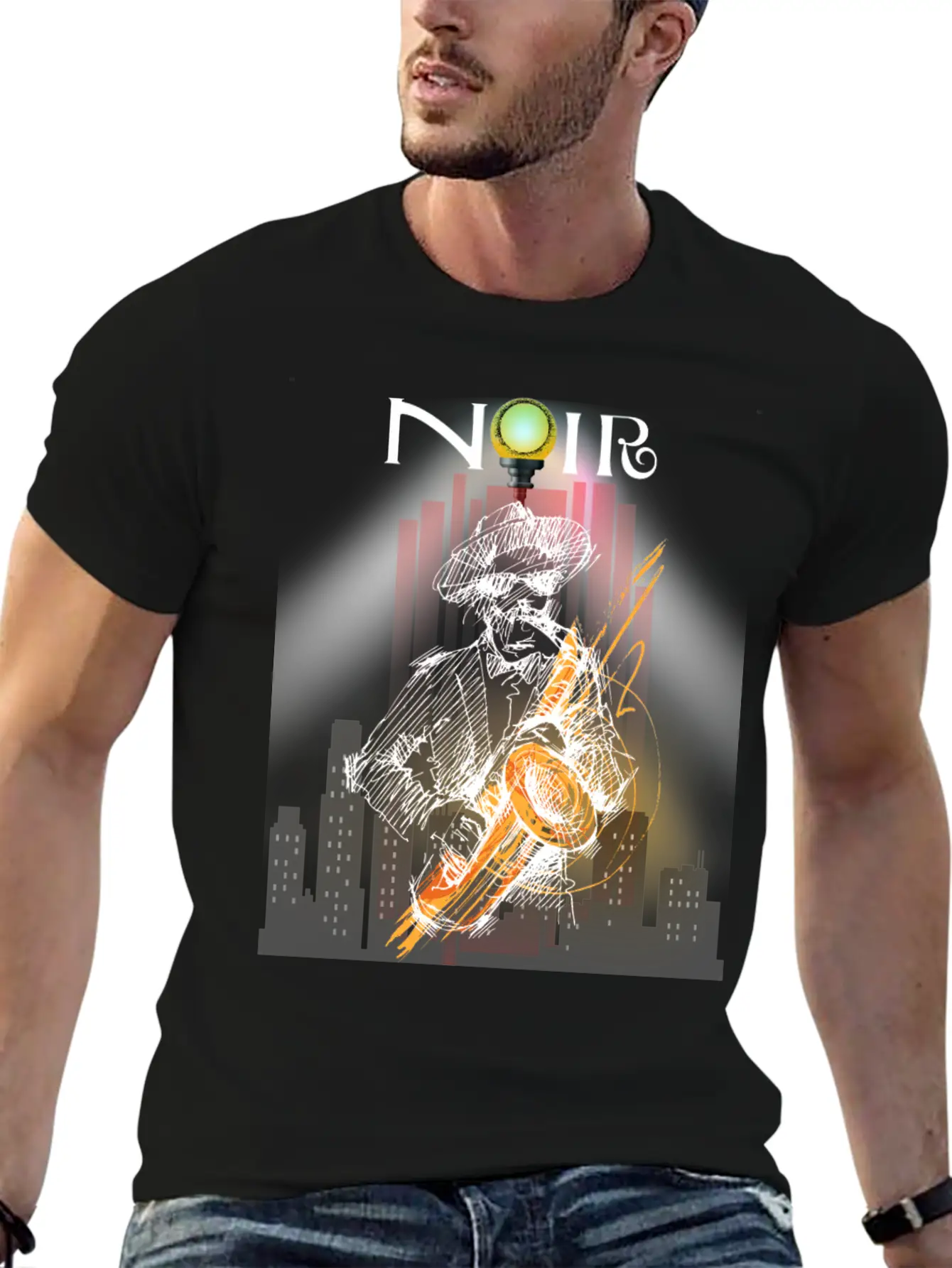 Jazz Noir City Night Saxophonist Unisex Short Sleeve Soft Cotton T-Shirt – Casual Everyday Wear