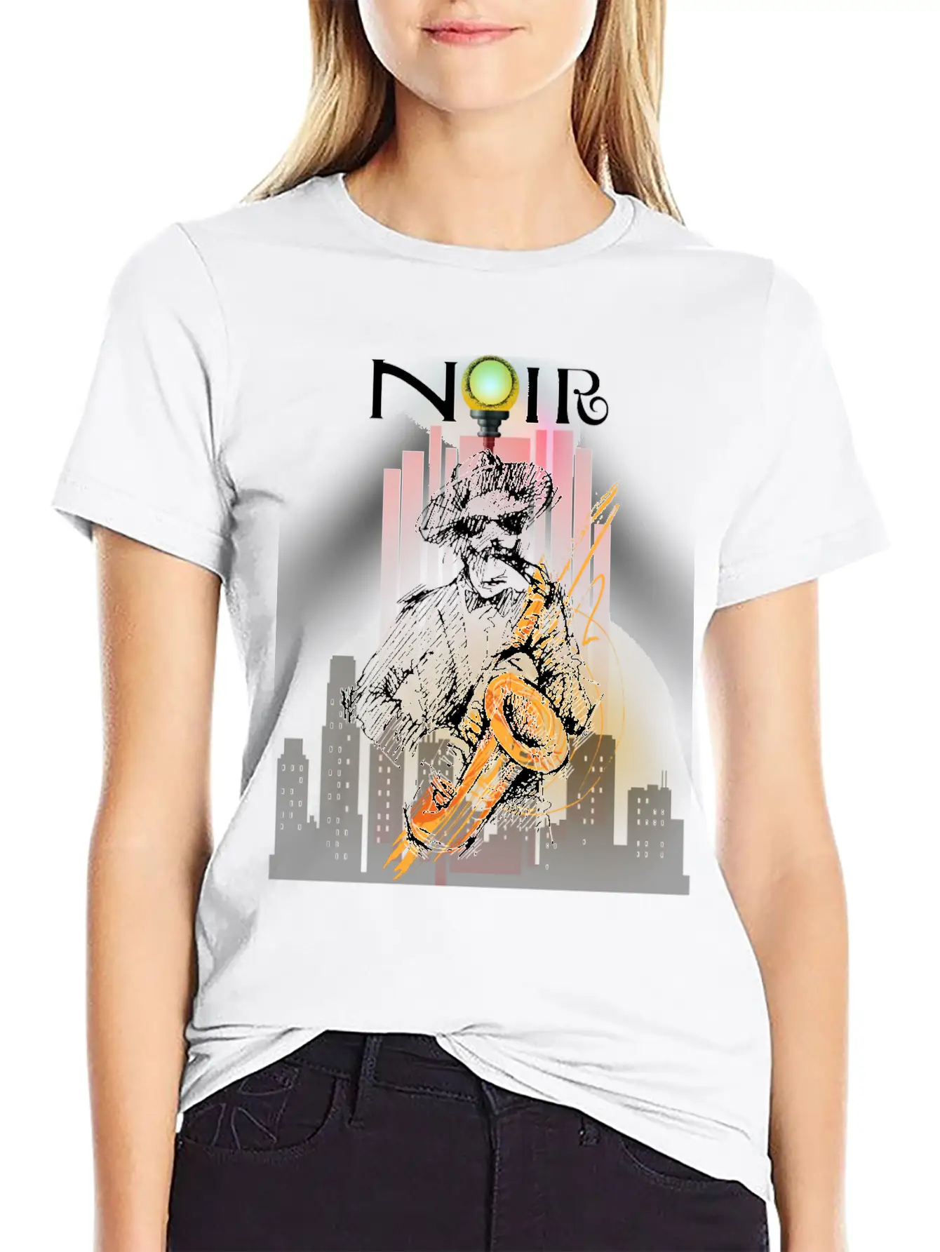 Jazz Noir City Night Saxophonist Unisex Short Sleeve Soft Cotton T-Shirt – Casual Everyday Wear