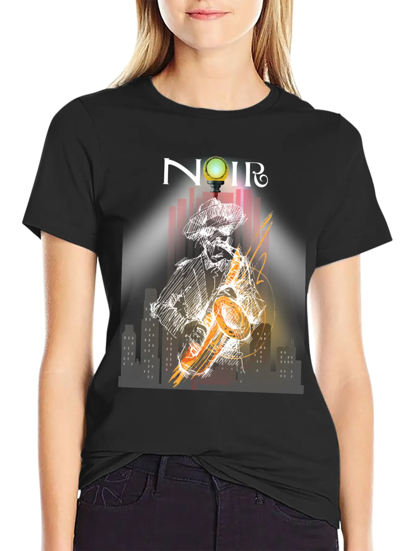 Jazz Noir City Night Saxophonist Unisex Short Sleeve Soft Cotton T-Shirt – Casual Everyday Wear