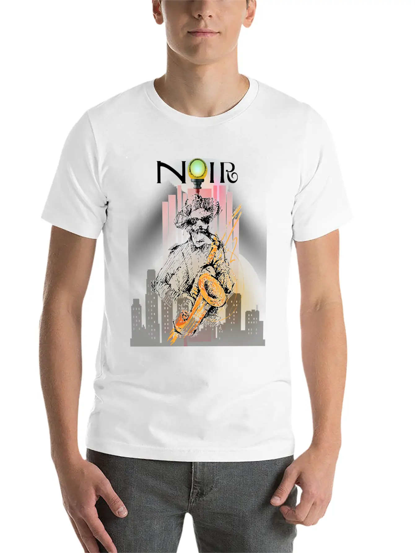 Jazz Noir City Night Saxophonist Unisex Short Sleeve Soft Cotton T-Shirt – Casual Everyday Wear