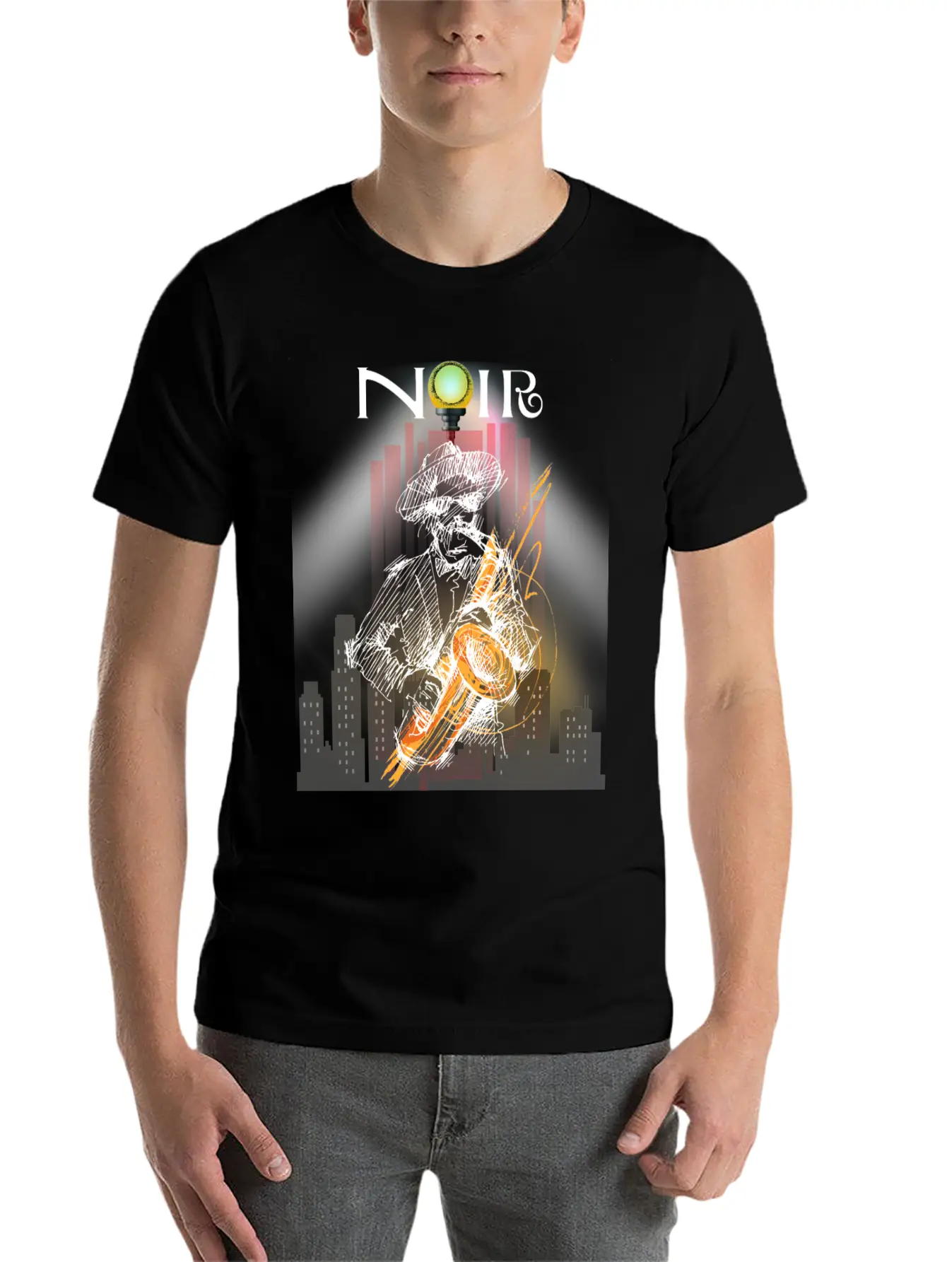 Jazz Noir City Night Saxophonist Unisex Short Sleeve Soft Cotton T-Shirt – Casual Everyday Wear