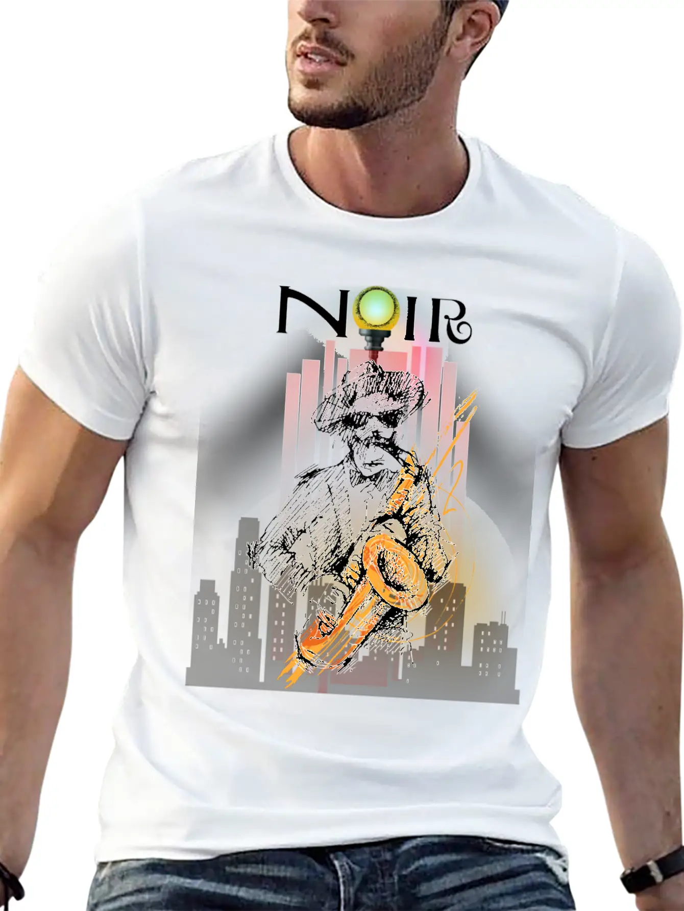 Jazz Noir City Night Saxophonist Unisex Short Sleeve Soft Cotton T-Shirt – Casual Everyday Wear
