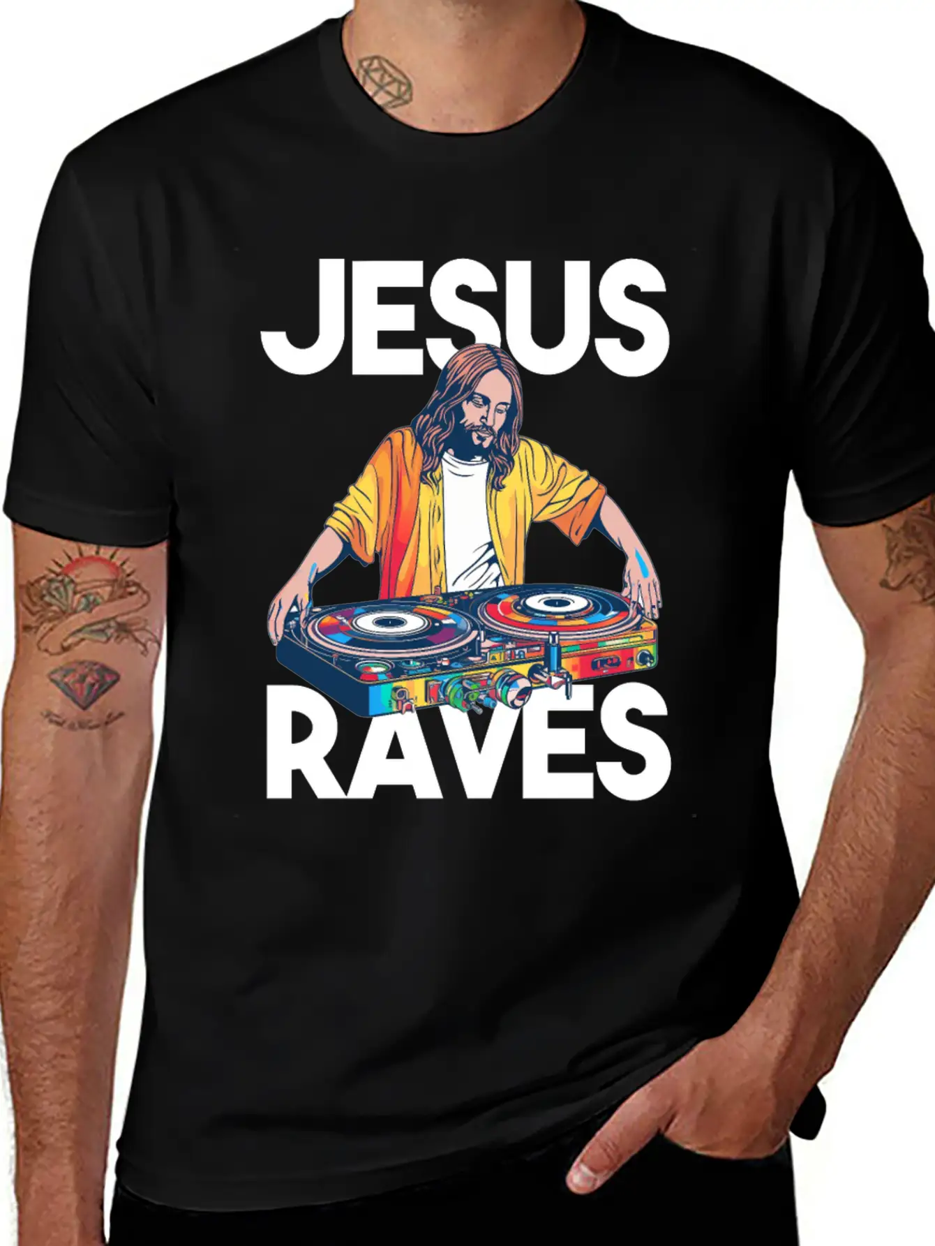Jesus Raves DJ Rave Techno EDM Party Festival Basic Graphic T-Shirt – Daily Comfort In Soft Cotton