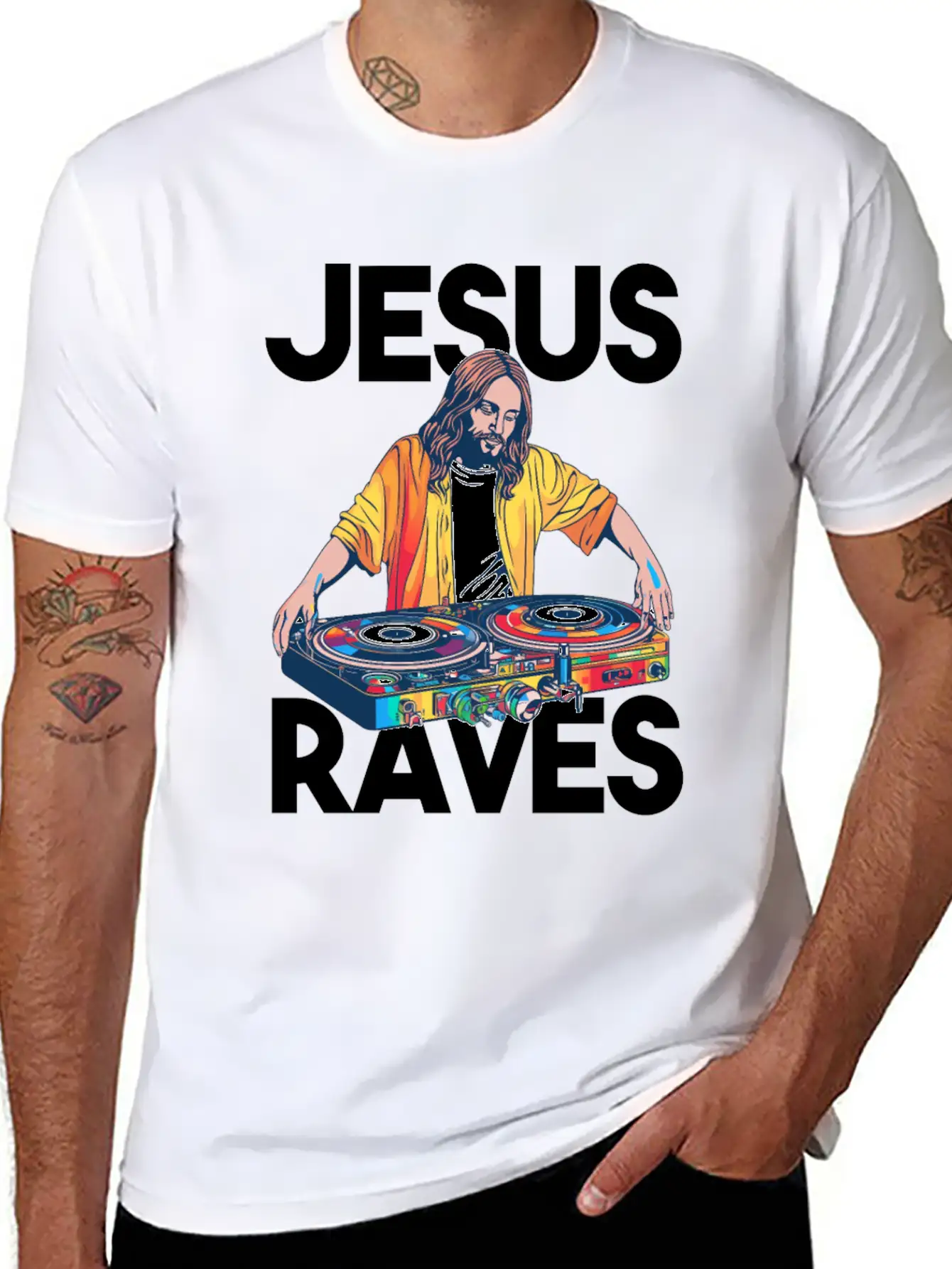 Jesus Raves DJ Rave Techno EDM Party Festival Basic Graphic T-Shirt – Daily Comfort In Soft Cotton